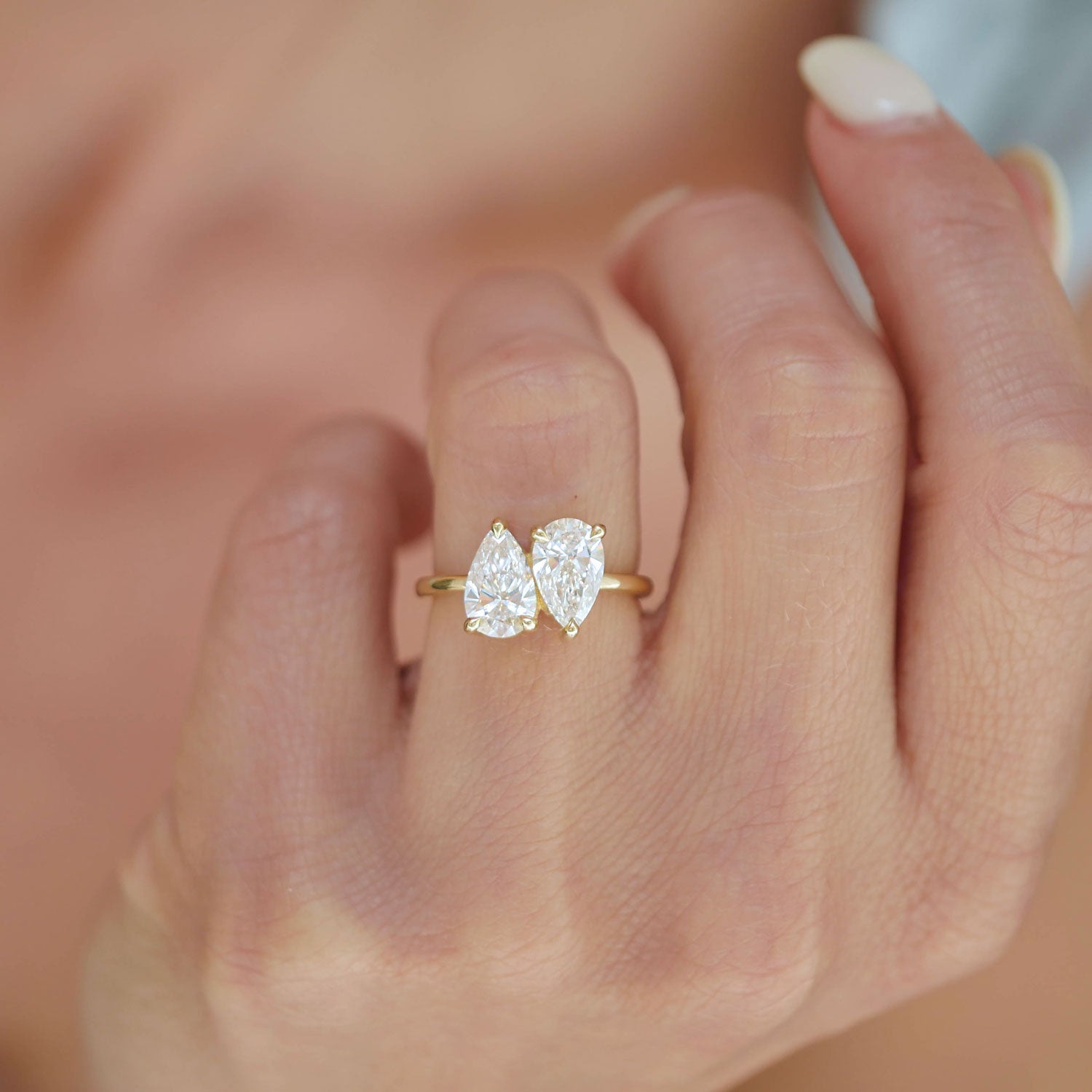 1.0 CT Pear Shape Lab Grown Two Stone Setting Engagement Ring