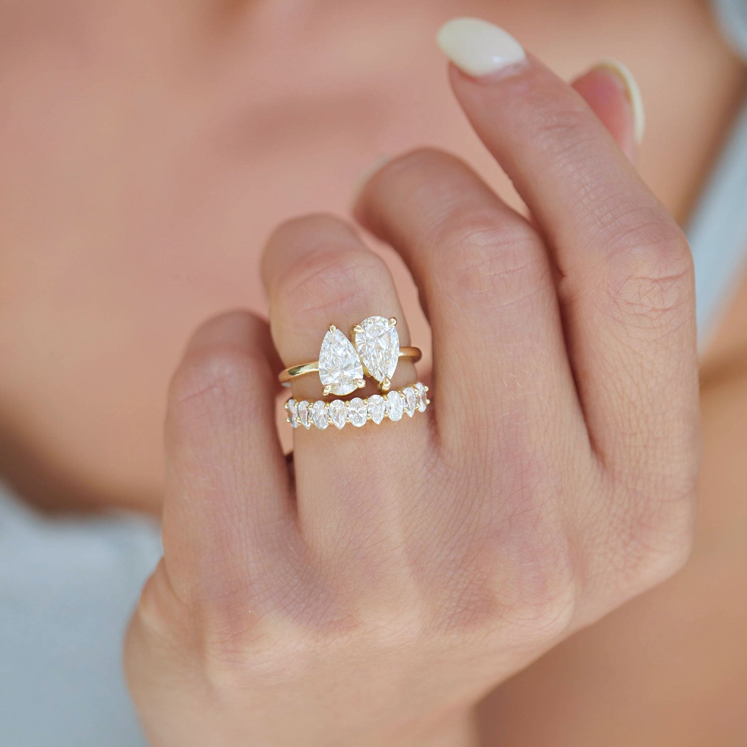 1.0 CT Pear Shape Lab Grown Two Stone Setting Engagement Ring