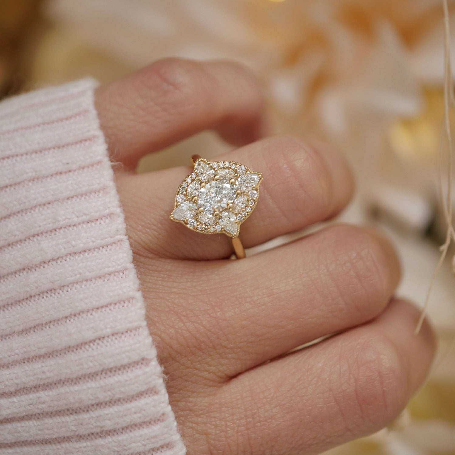 0.75 CT Oval Shape Floral Lab Grown Engagement Ring