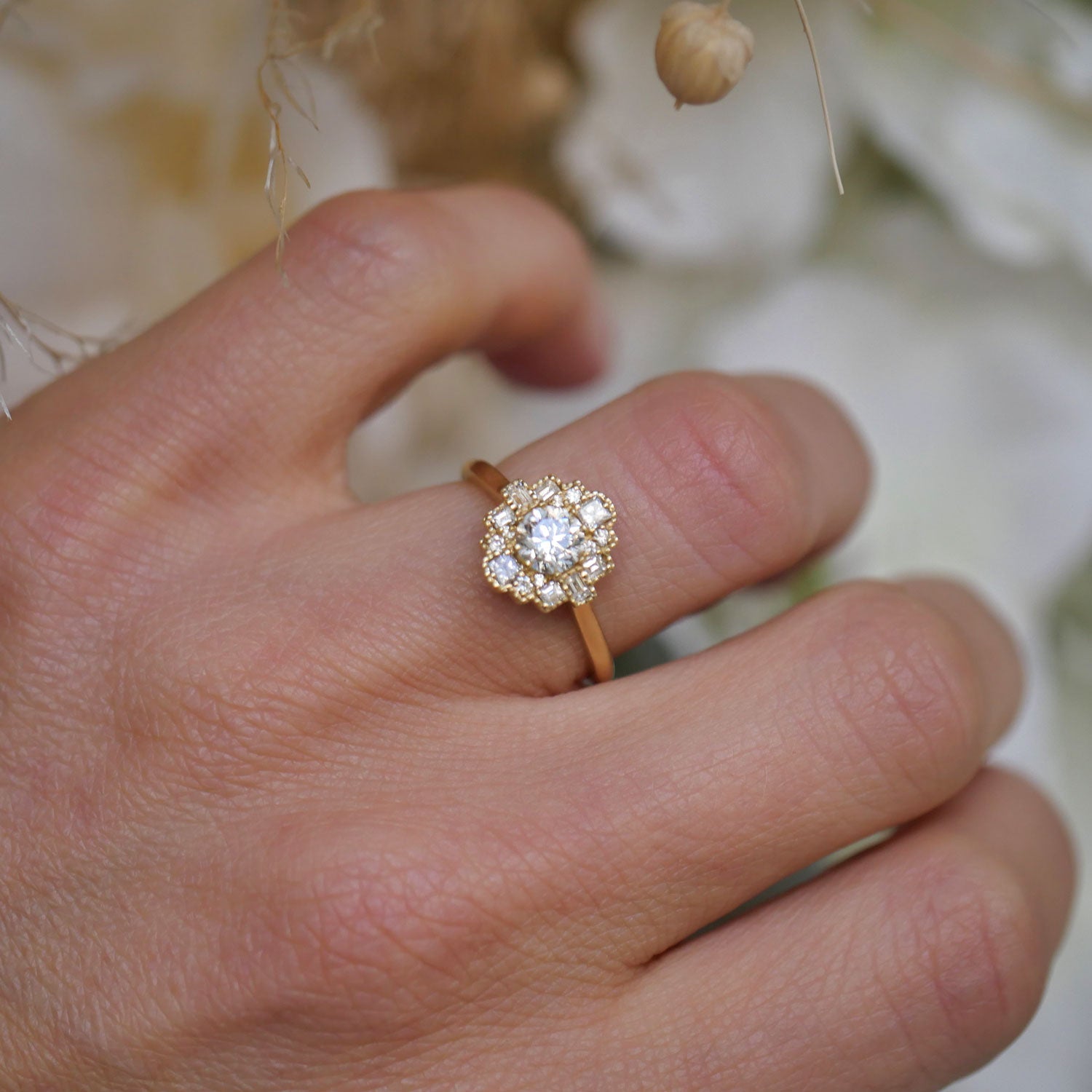 0.50 CT Round Shape Lab Grown Halo Setting Engagement Ring