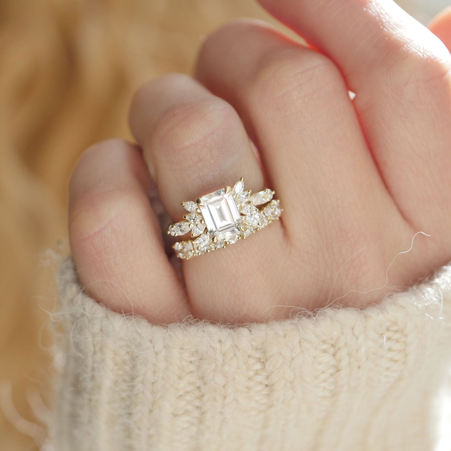 1.50 CT Emerald Shape Lab Grown Cluster Engagement Ring