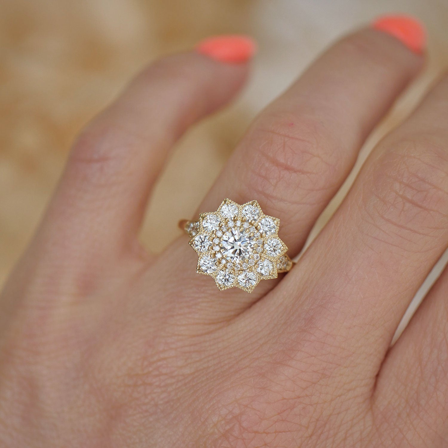 0.50 CT Round Shape Lab Grown floral halo Engagement Ring