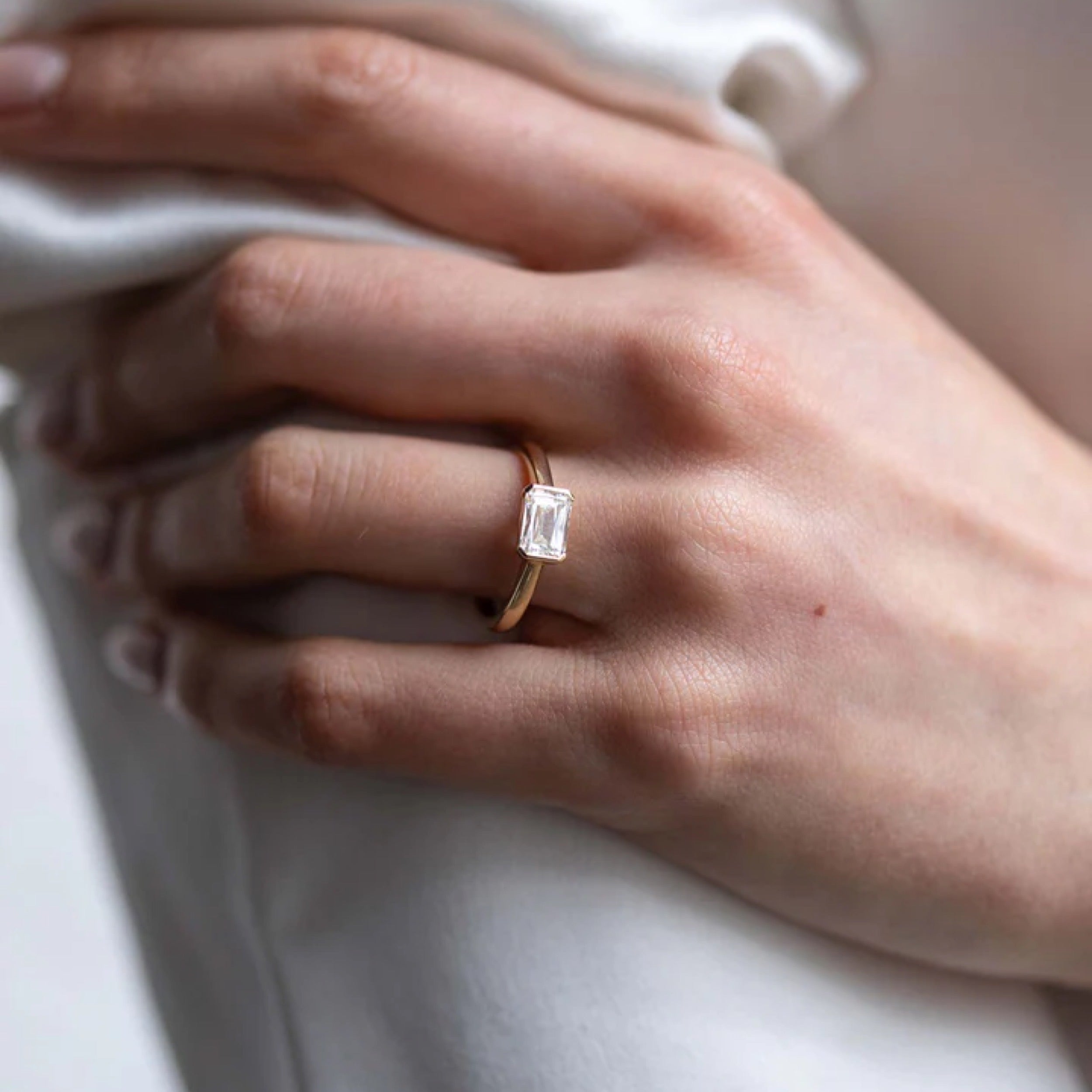 1.2 - 2.5 CT Emerald Cut CVD Diamond Half Bezel Setting Engagement Ring