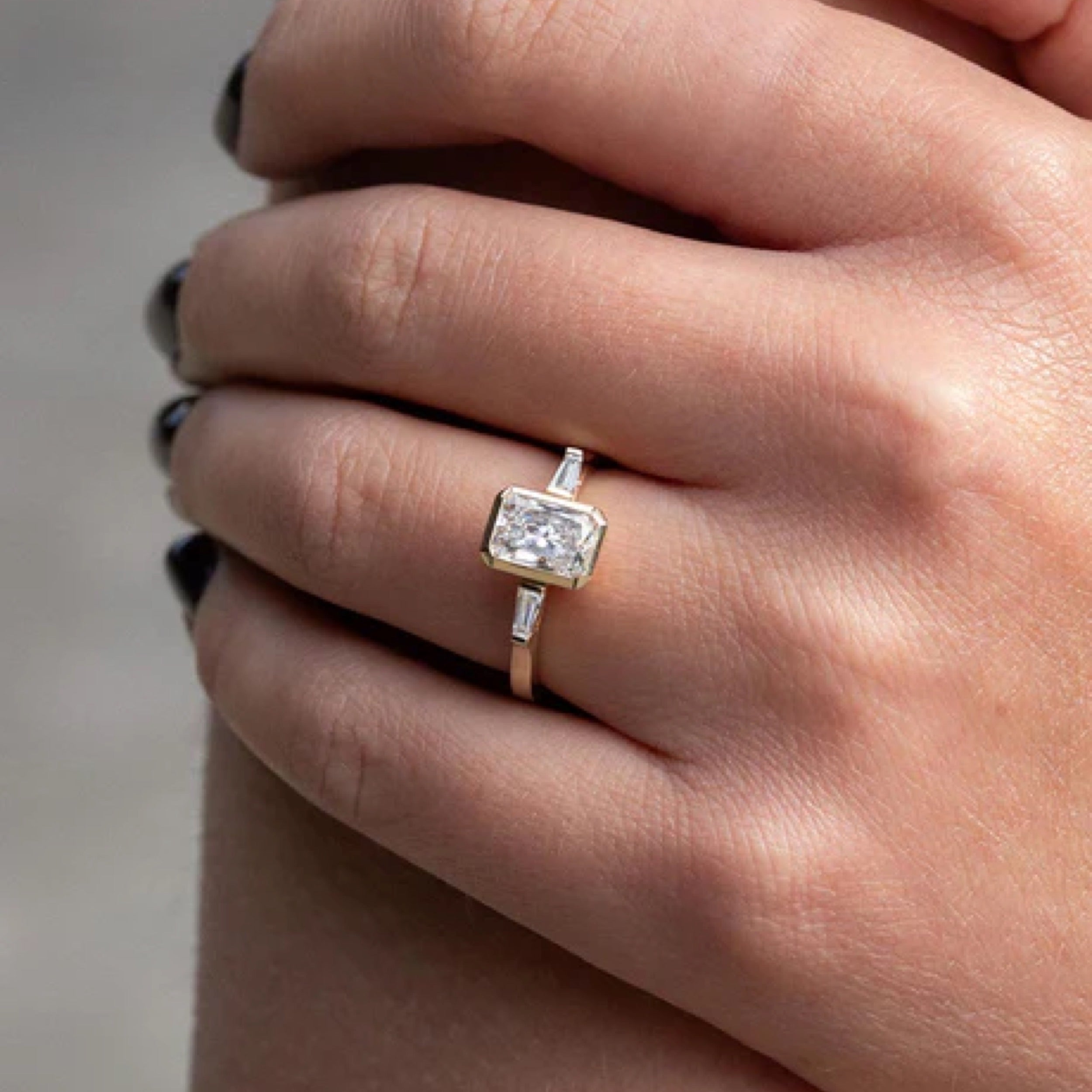 1.51 - 2.5 CT Radiant Cut CVD Diamond Bezel Three Stone Setting Engagement Ring