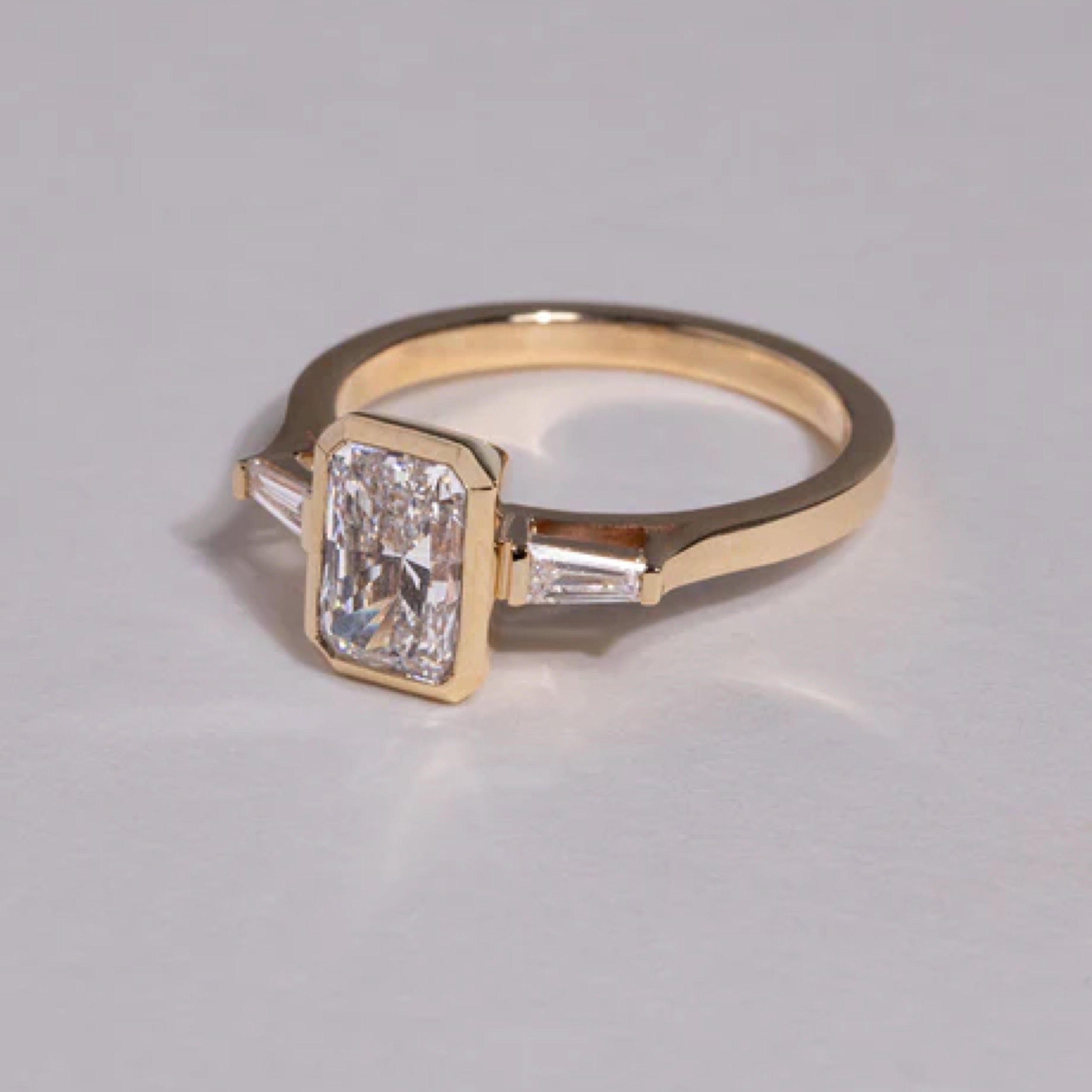 1.51 - 2.5 CT Radiant Cut CVD Diamond Bezel Three Stone Setting Engagement Ring
