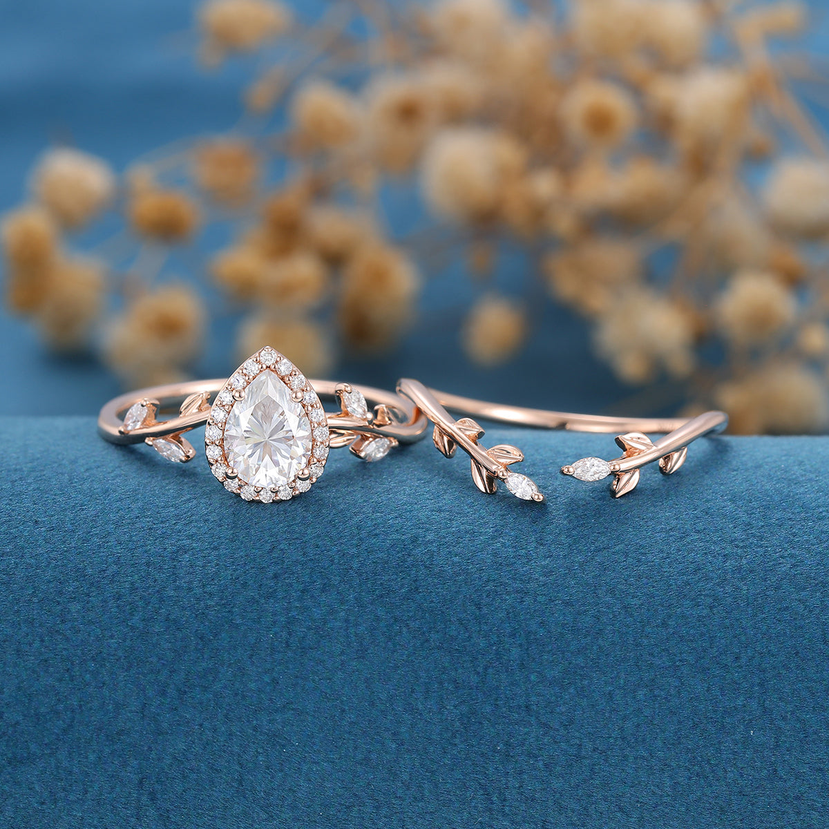 1.0 CT Pear Shaped Moissanite Halo Nature Inspired Bridal Set - Camila Brown