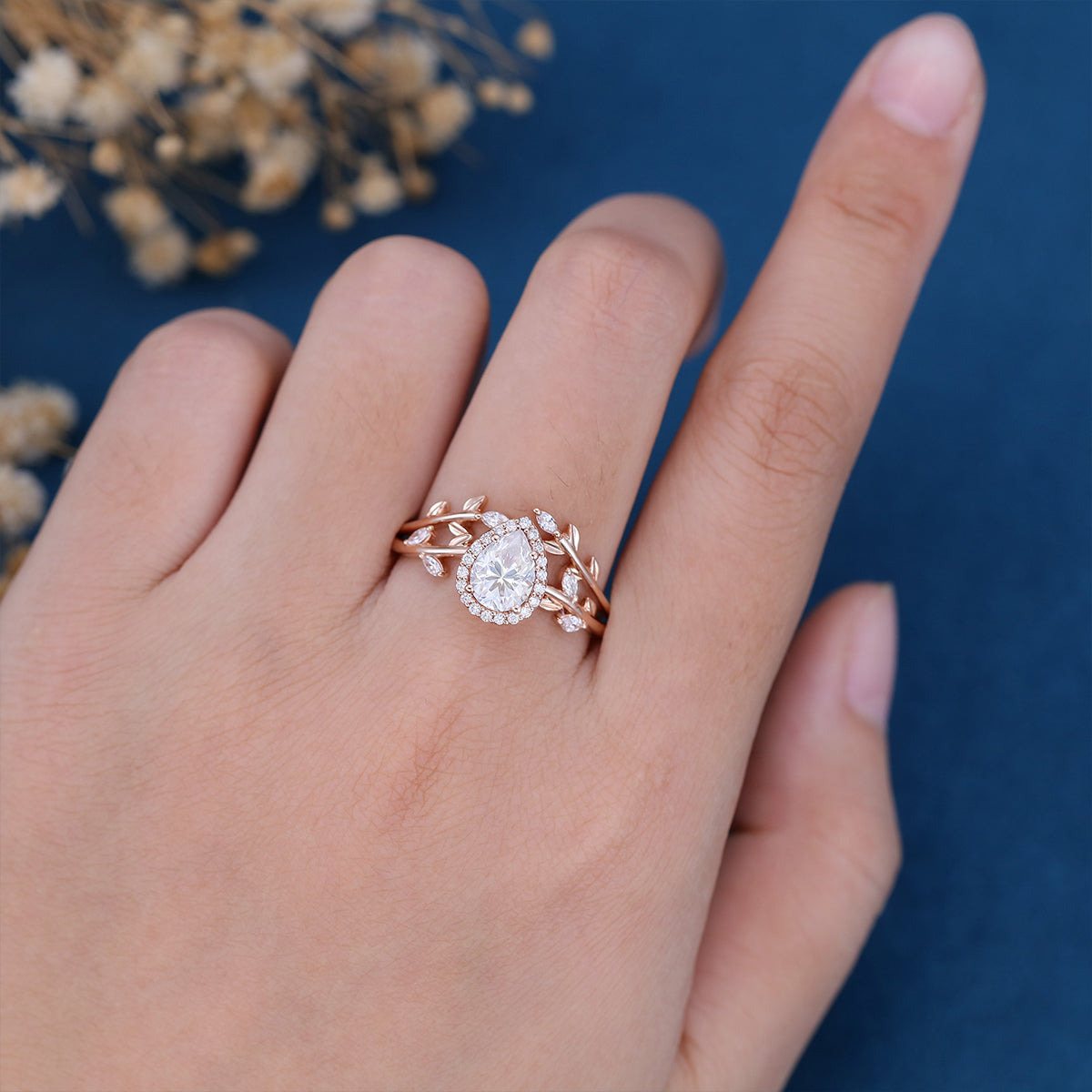 1.0 CT Pear Shaped Moissanite Halo Nature Inspired Bridal Set - Camila Brown