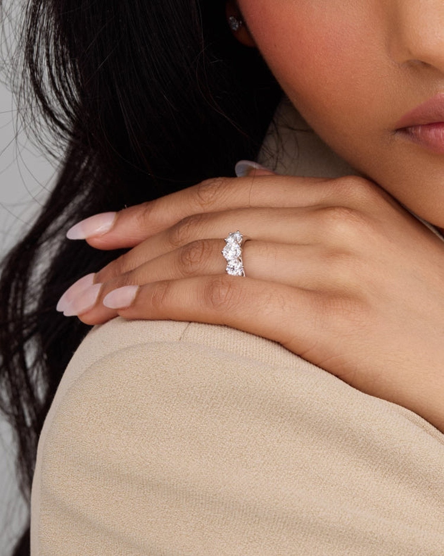 1.5–3.5 CT round cut lab grown diamond three stone engagement ring in gold, timeless bridal design with symbolic side stones