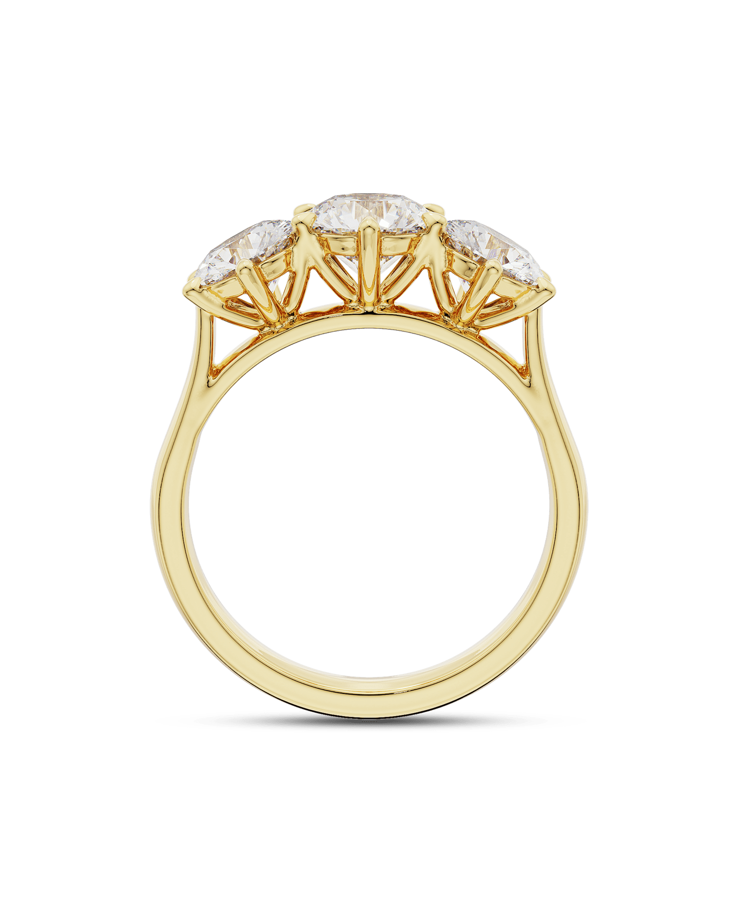 1.5–3.5 CT round cut lab grown diamond three stone engagement ring in gold, timeless bridal design with symbolic side stones