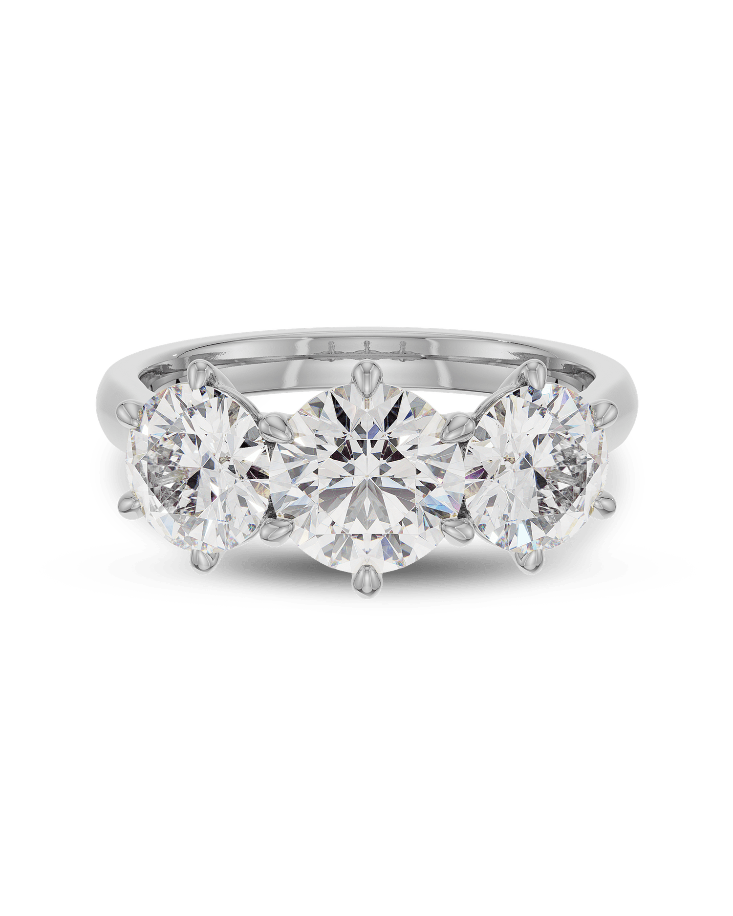 1.5–3.5 CT round cut lab grown diamond three stone engagement ring in gold, timeless bridal design with symbolic side stones