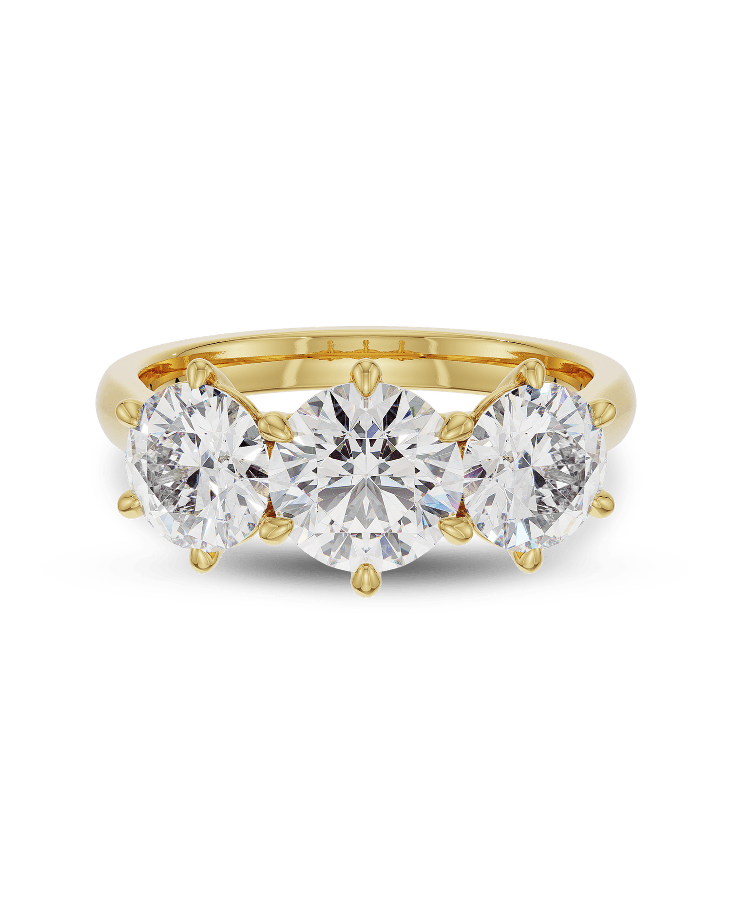 1.5–3.5 CT round cut lab grown diamond three stone engagement ring in gold, timeless bridal design with symbolic side stones