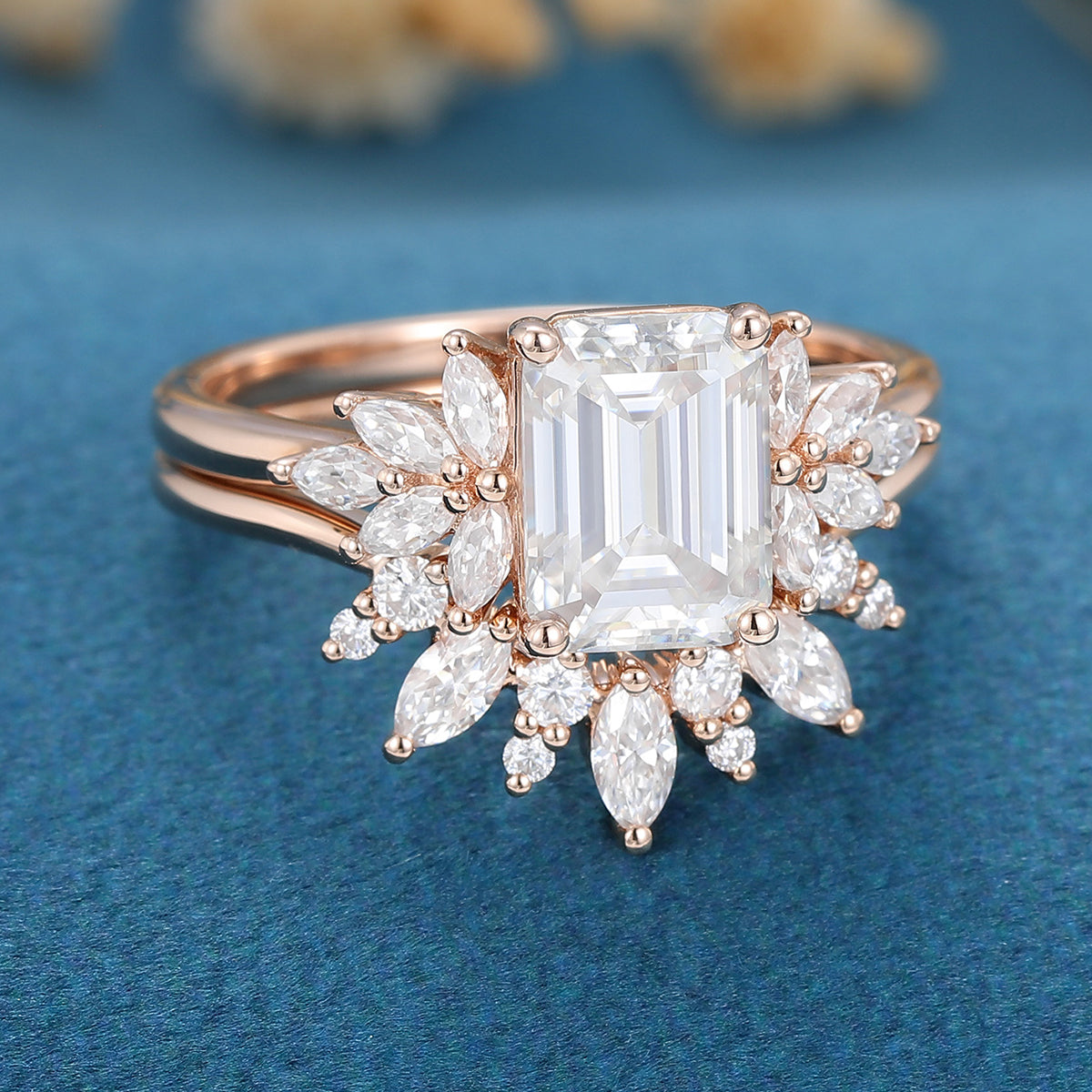 1.60 CT Emerald Shaped Moissanite Cluster Bridal Set - Camila Brown