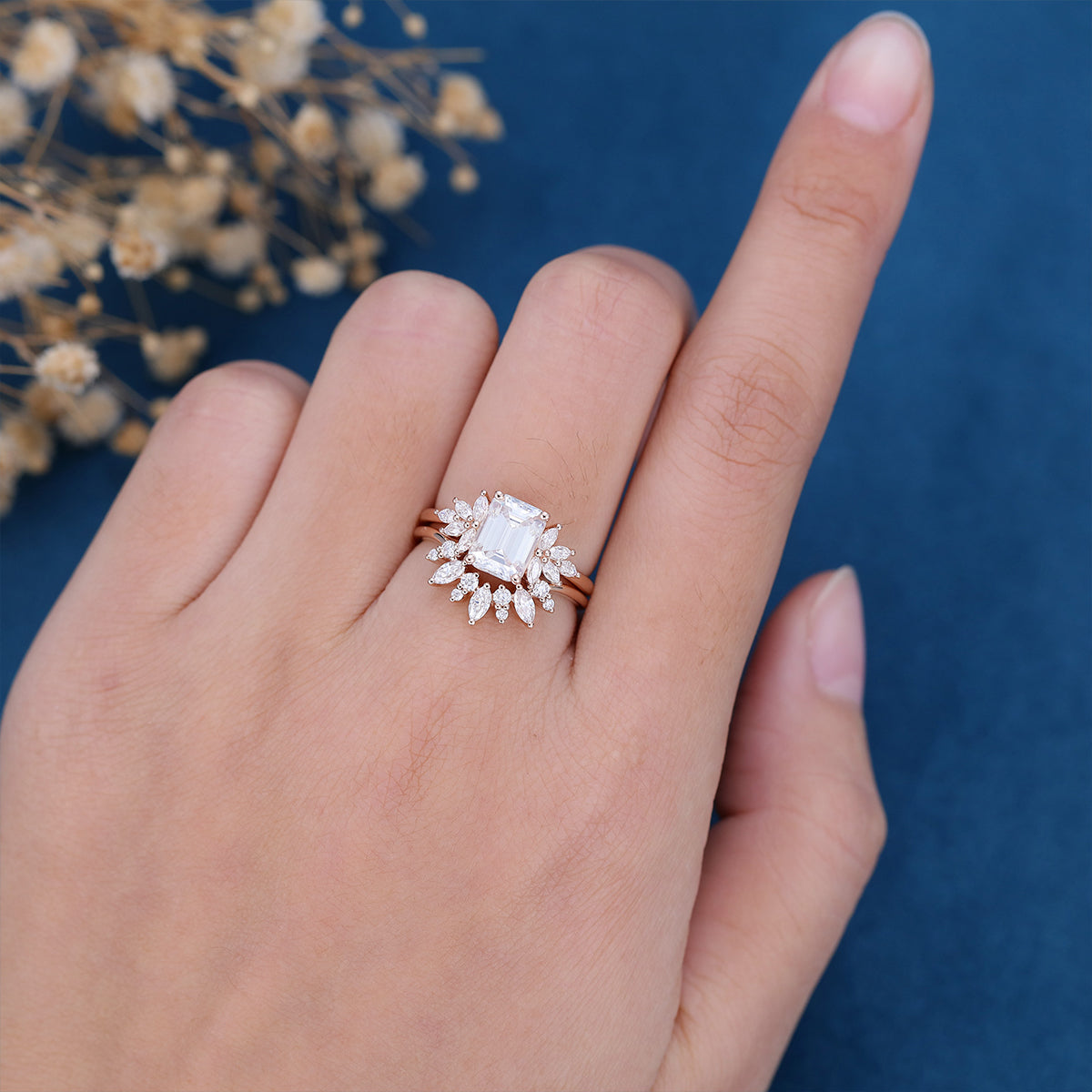 1.60 CT Emerald Shaped Moissanite Cluster Bridal Set - Camila Brown