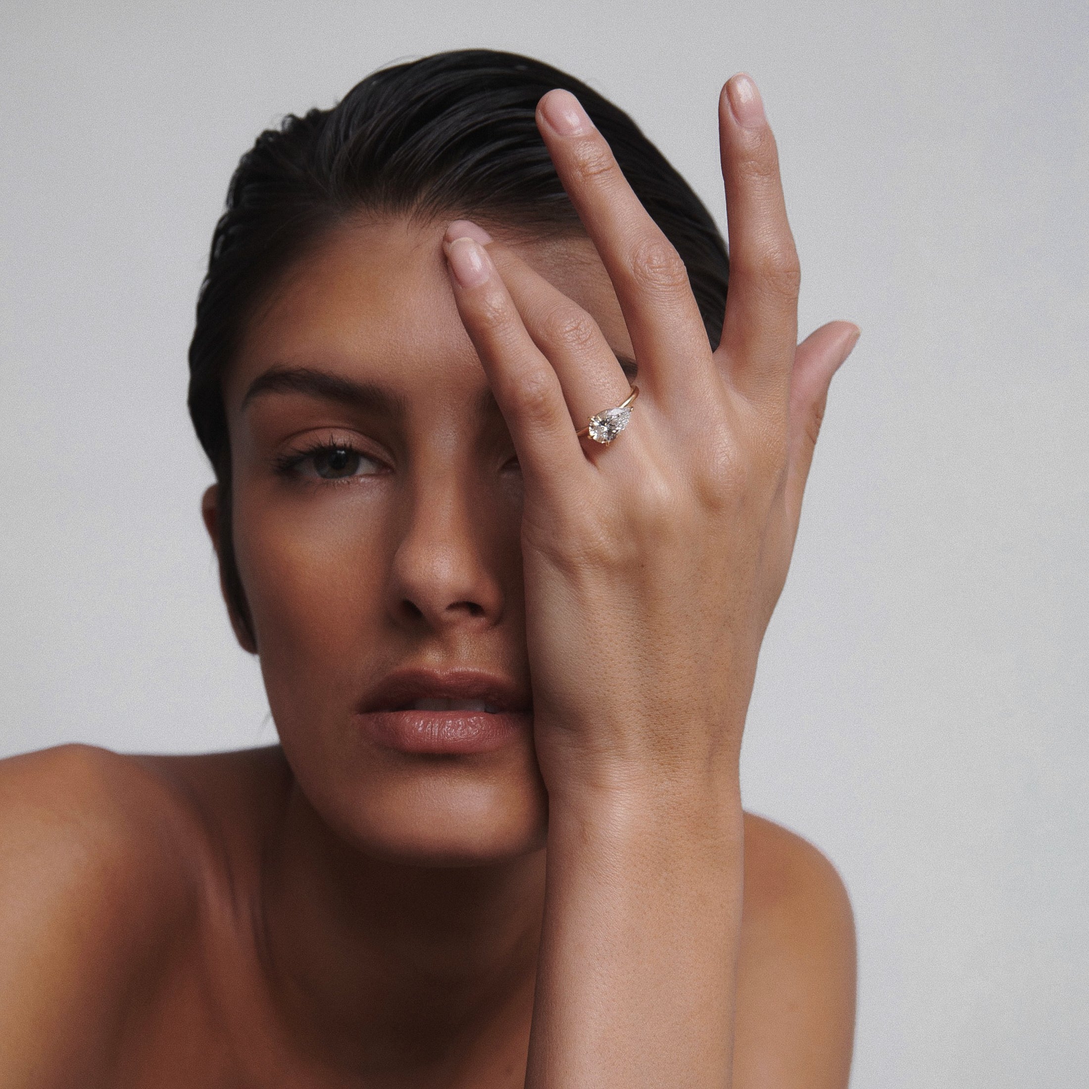 East-west pear shaped moissanite solitaire engagement ring in platinum setting, 2.0-4.0 carats