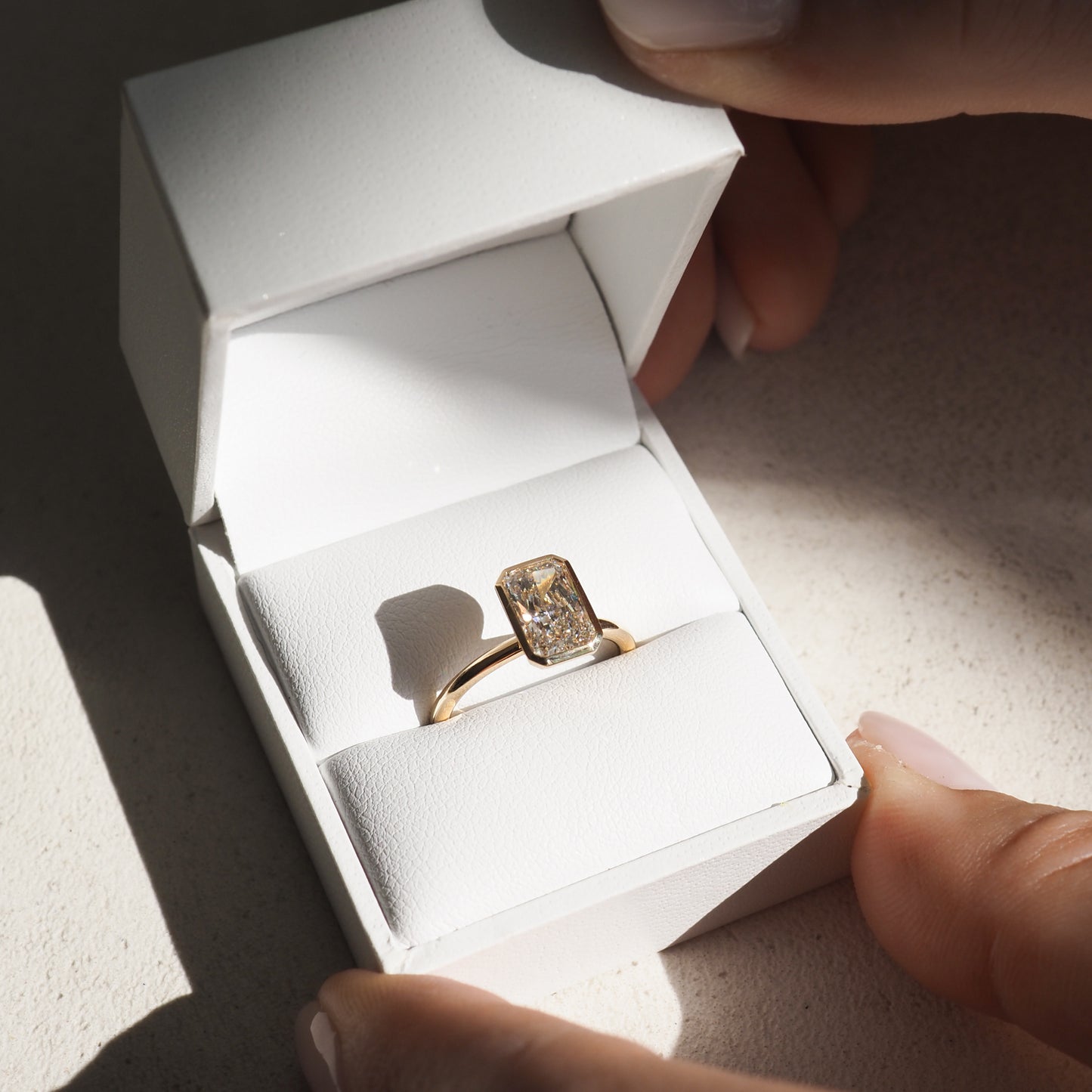 1.5 CT Radiant E/VS1 CVD Diamond Bezel Engagement Ring - Camila Brown