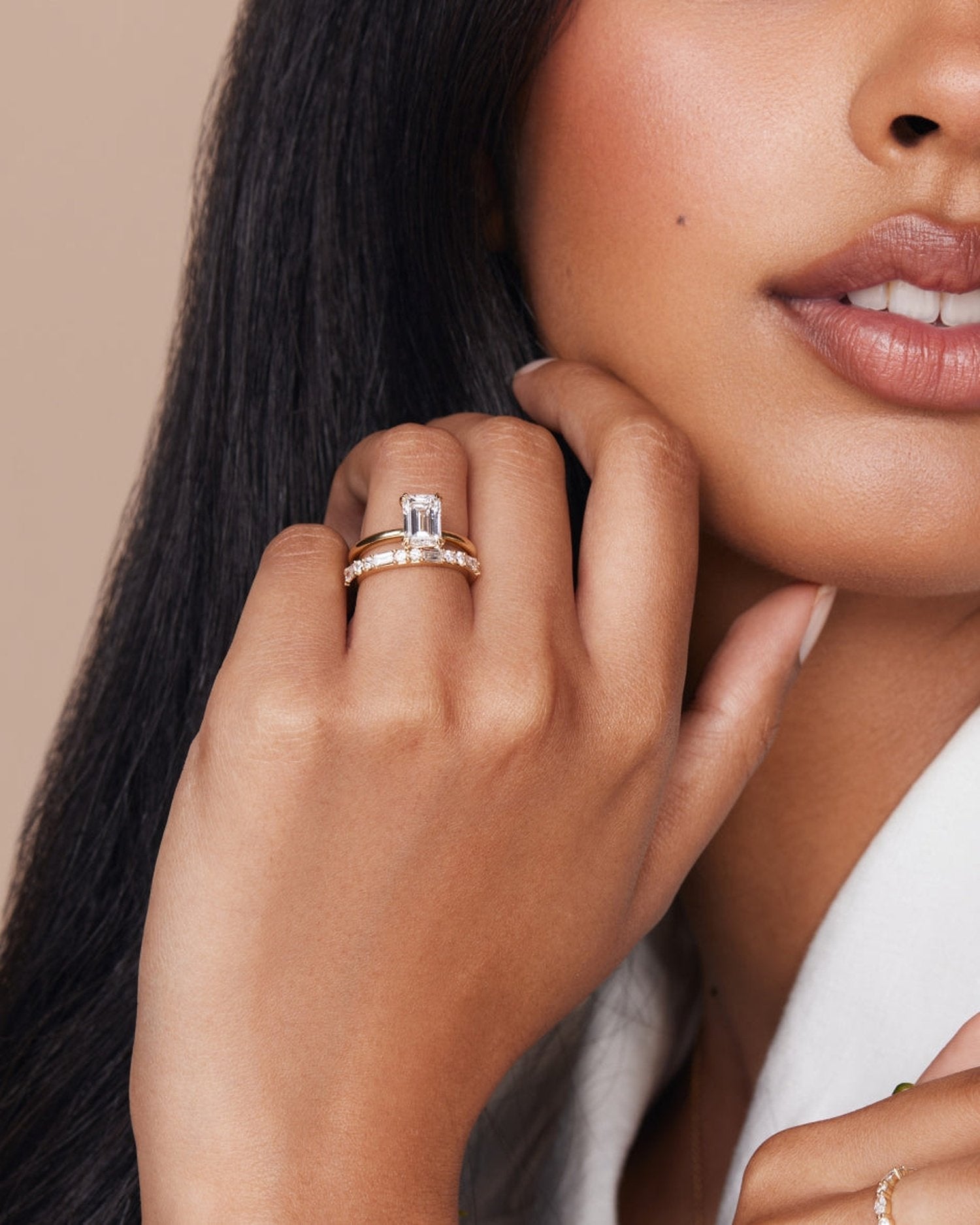 1.0–3.0 CT emerald cut lab grown diamond solitaire engagement ring in gold, showcasing a sleek, step-cut center stone