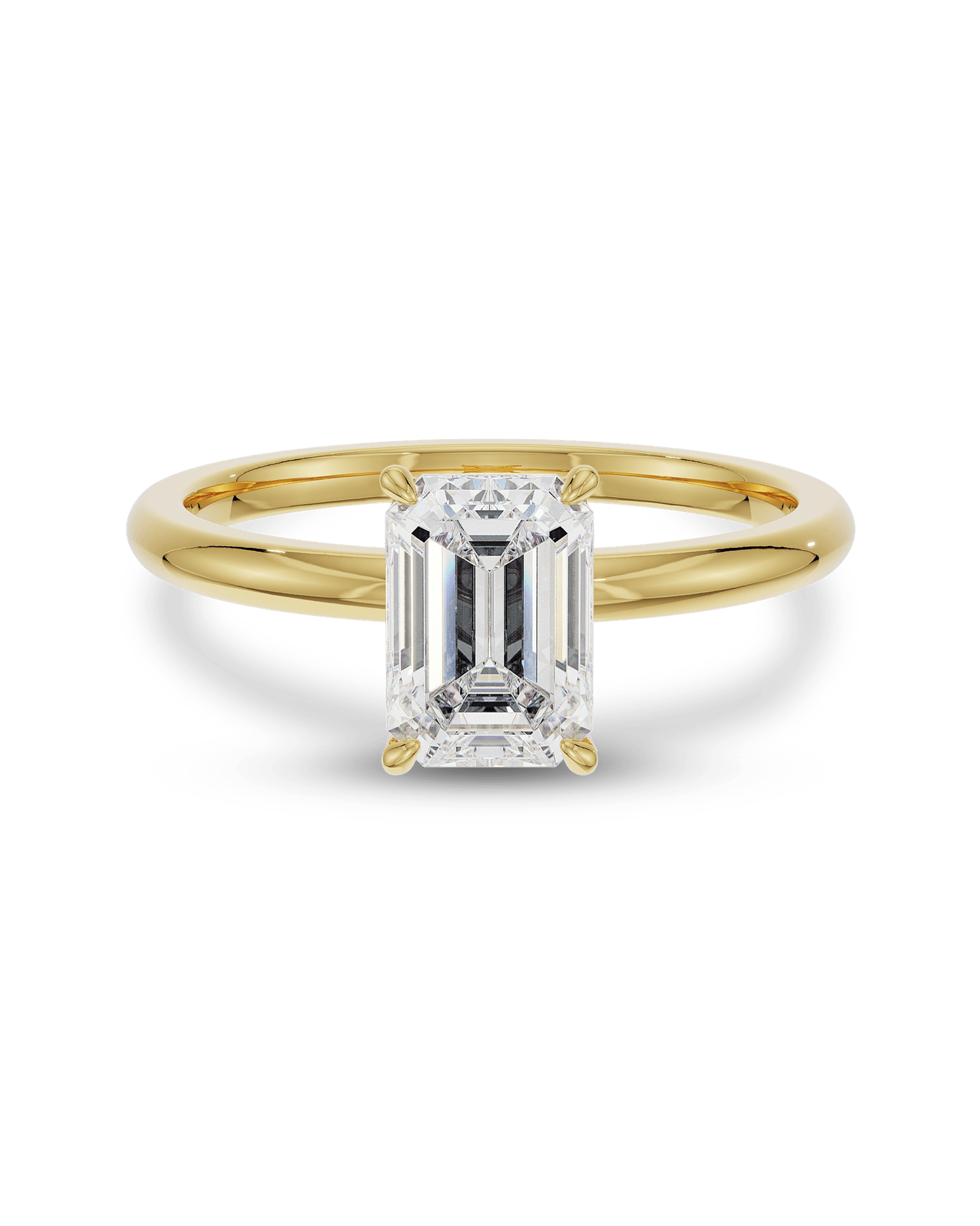 1.0–3.0 CT emerald cut lab grown diamond solitaire engagement ring in gold, showcasing a sleek, step-cut center stone