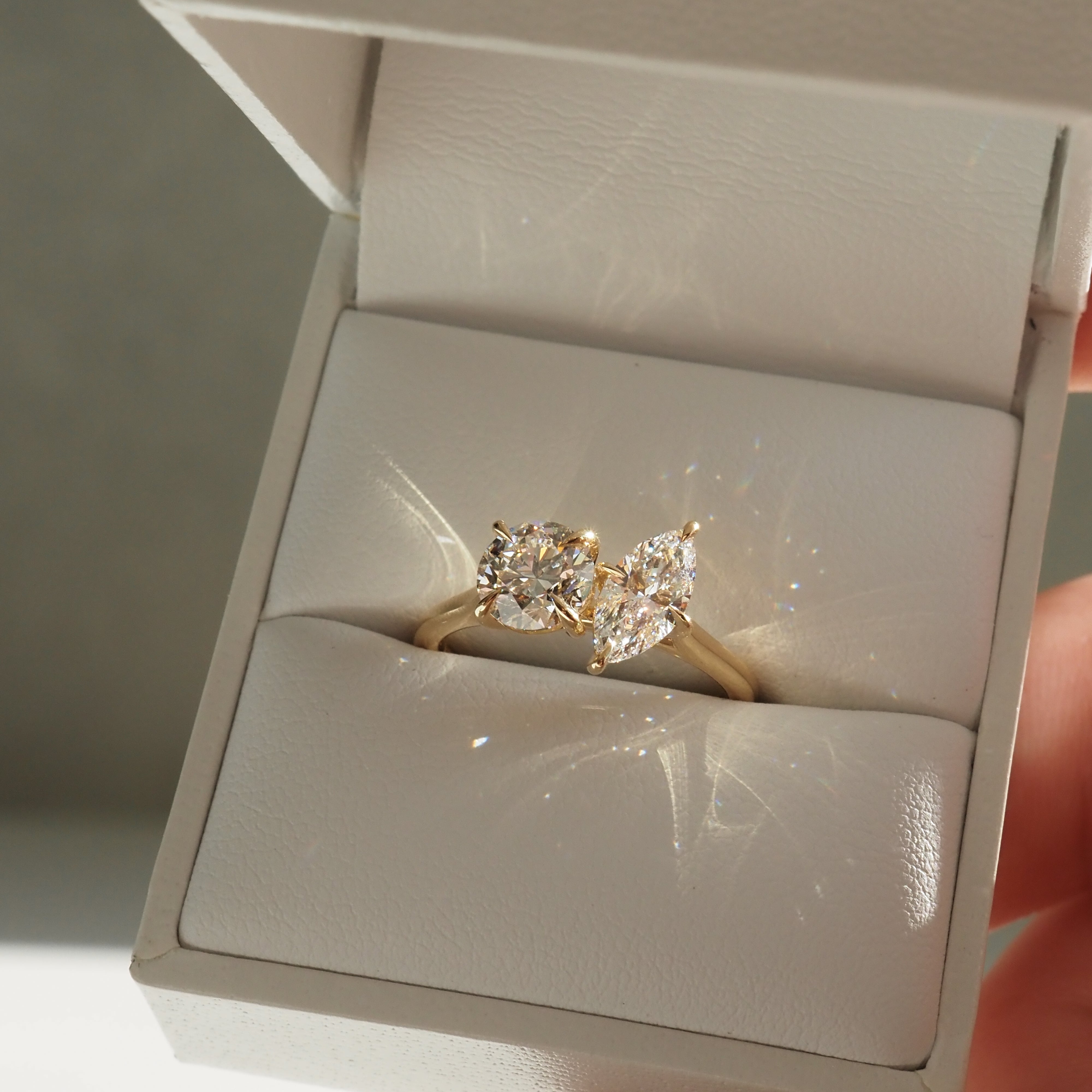 1.62 Carats Round & Marquise Shaped CVD Diamond Two Stone Engagement Ring