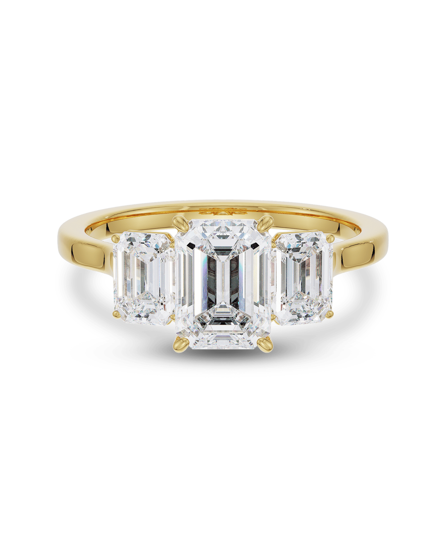 1.5–3.5 CT emerald cut lab grown diamond three stone engagement ring in gold, elegant step-cut center with matching side diamonds