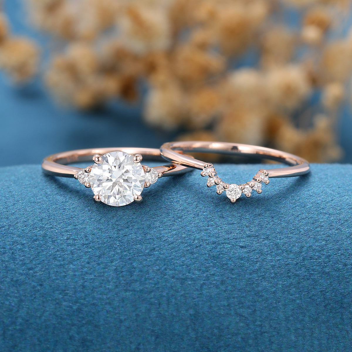 0.88 CT Round Shaped Moissanite Three Stones Bridal Set - Camila Brown