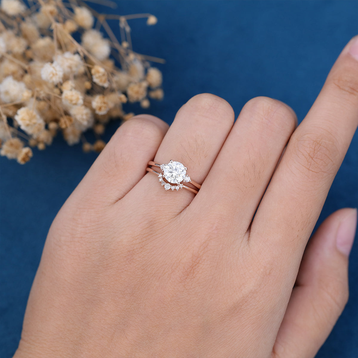 0.88 CT Round Shaped Moissanite Three Stones Bridal Set - Camila Brown