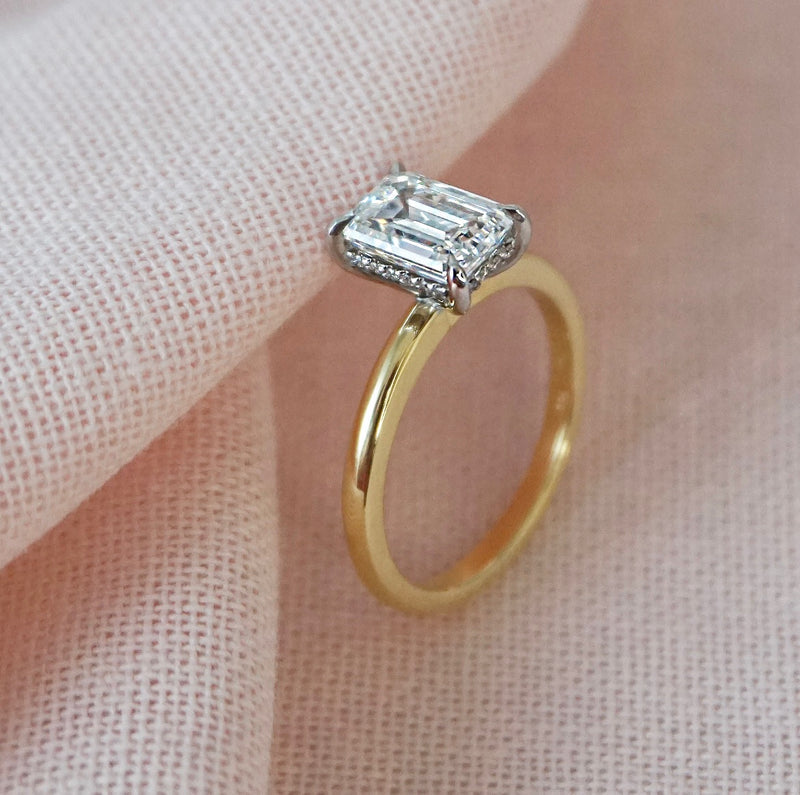 1.50 Carats Lab Grown Diamond Emerald Shape E-VS1 Hidden Halo Two Tone Engagement Ring - Camila Brown