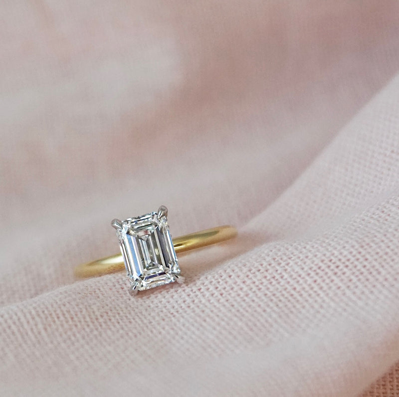1.50 Carats Lab Grown Diamond Emerald Shape E-VS1 Hidden Halo Two Tone Engagement Ring - Camila Brown