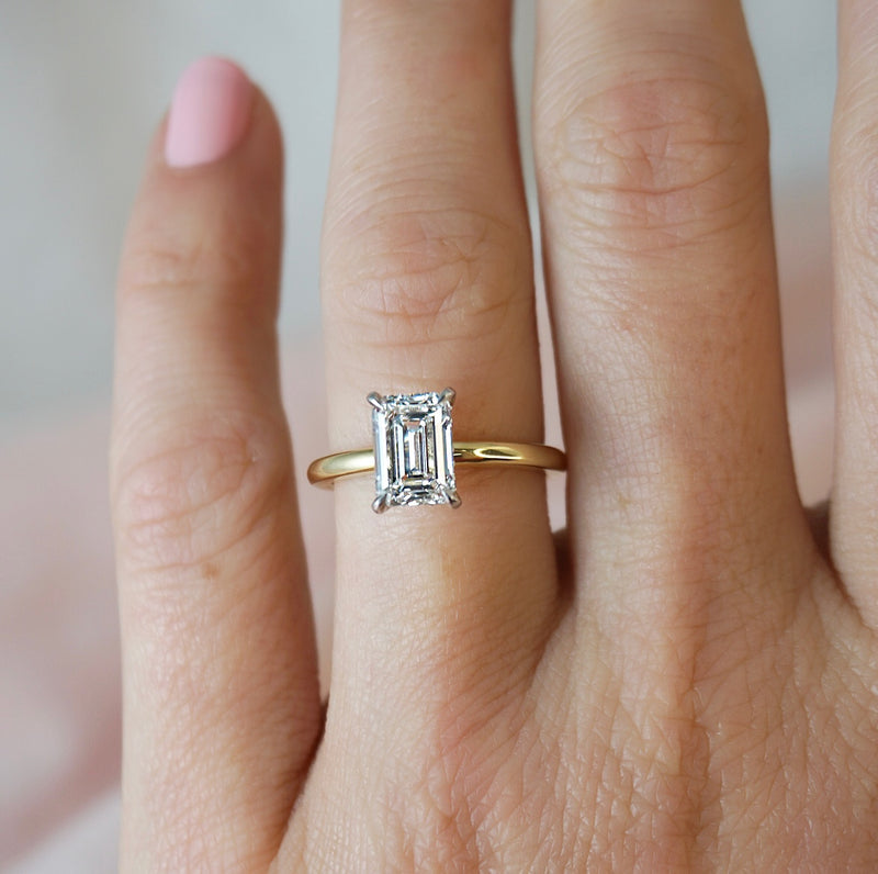 1.50 Carats Lab Grown Diamond Emerald Shape E-VS1 Hidden Halo Two Tone Engagement Ring - Camila Brown