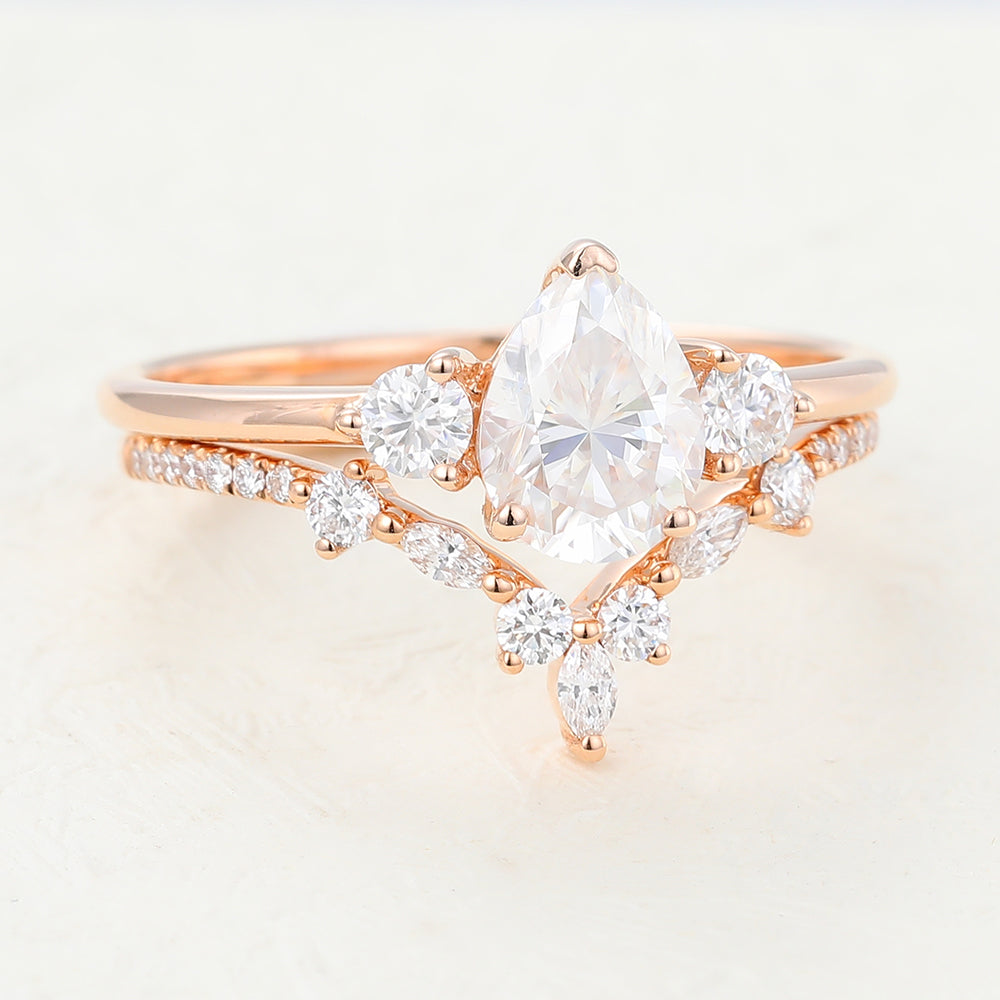 1.0 CT Pear Moissanite Three Stones Bridal Ring Set - Camila Brown