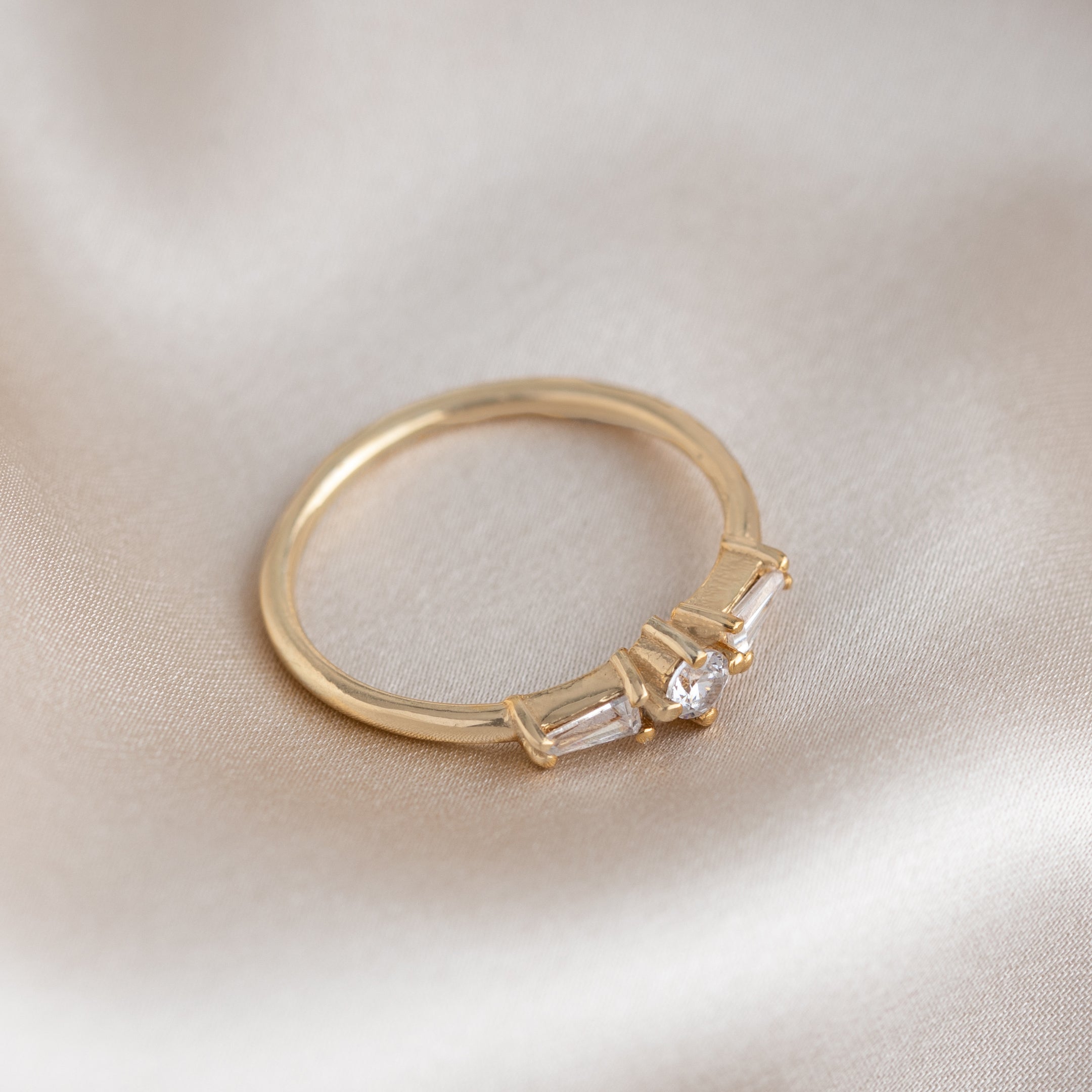 0.4 TCW Round&Tappered Baguette Cut Three Stone Engagement Ring