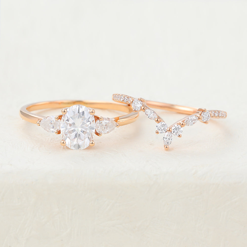 1.33 CT Oval Moissanite Three Stones Bridal Ring Set - Camila Brown