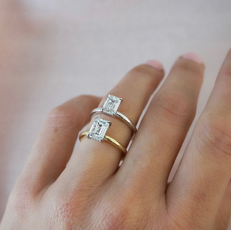 1.50 Carats Lab Grown Diamond Emerald Shape E-VS1 Hidden Halo Two Tone Engagement Ring - Camila Brown