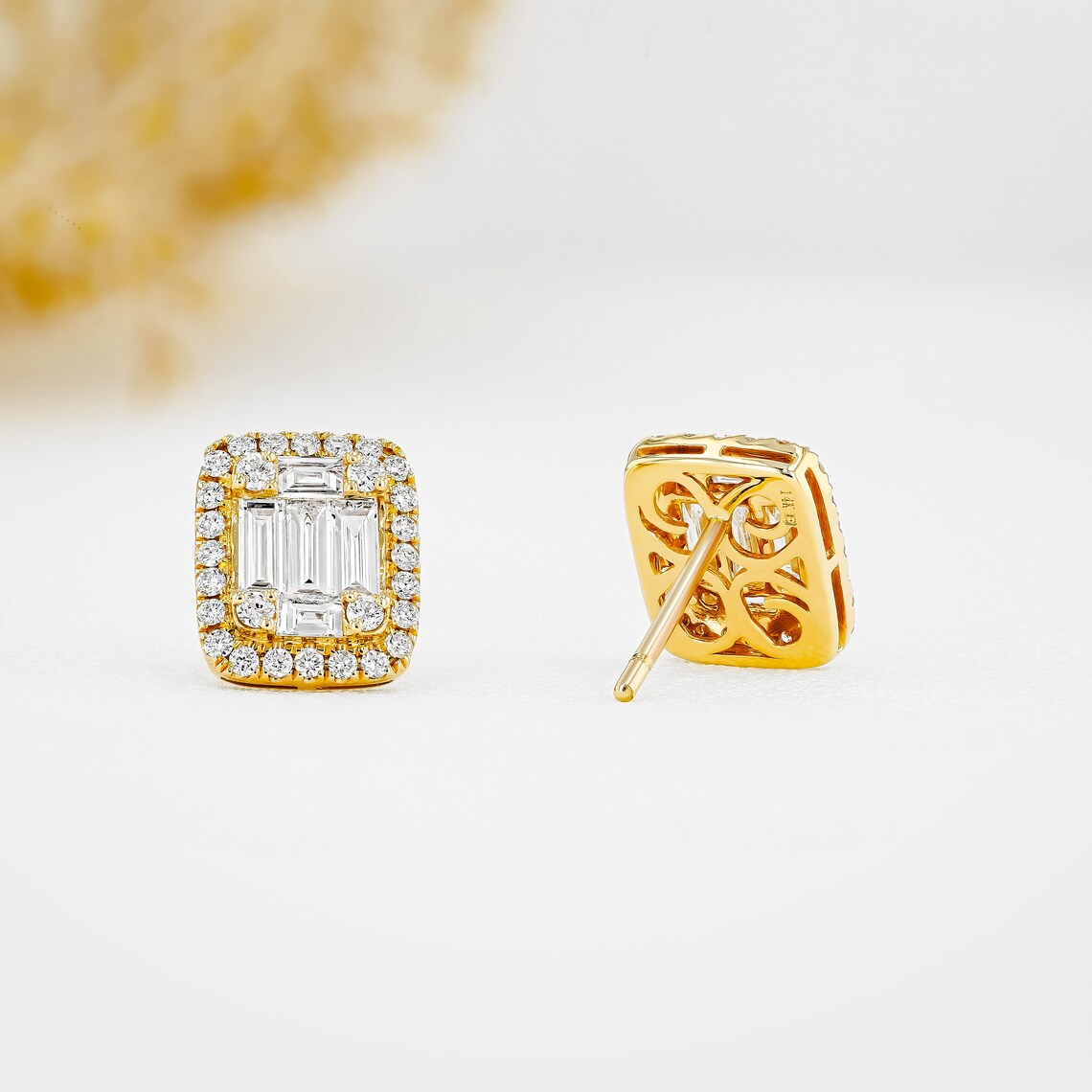 1.30 TCW Round & Baguette Moissanite Diamond Halo Stud Earrings - Camila Brown