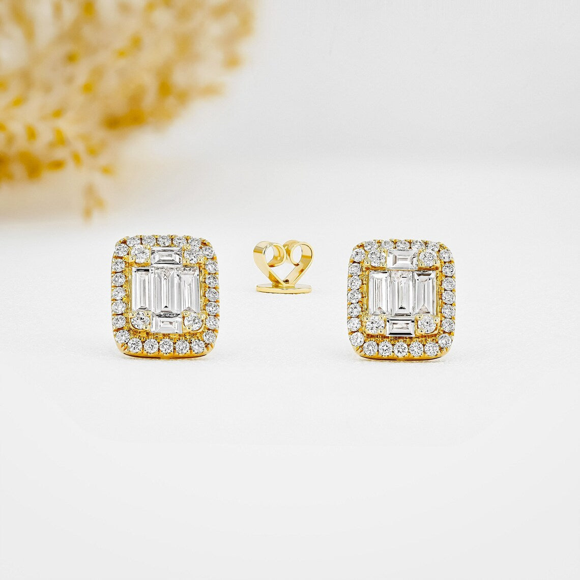 1.30 TCW Round & Baguette Moissanite Diamond Halo Stud Earrings - Camila Brown