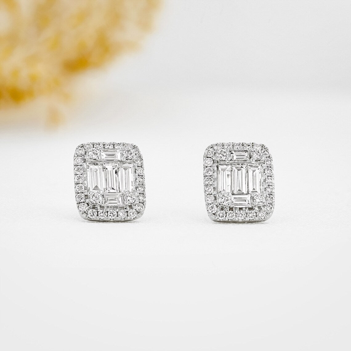 1.30 TCW Round & Baguette Moissanite Diamond Halo Stud Earrings - Camila Brown