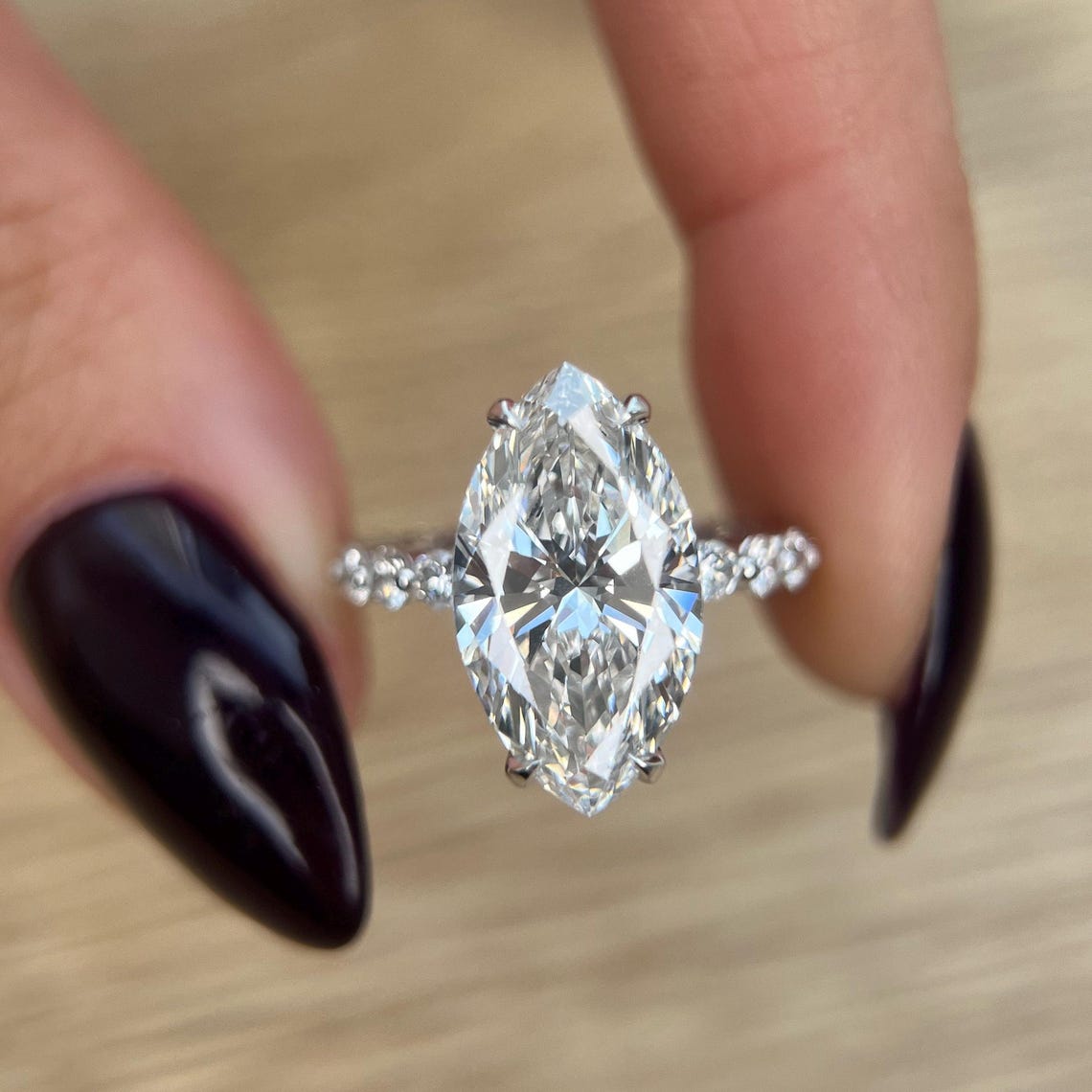 3.0 - 5.0 CT Marquise CVD Diamond Pave  Engagement Ring