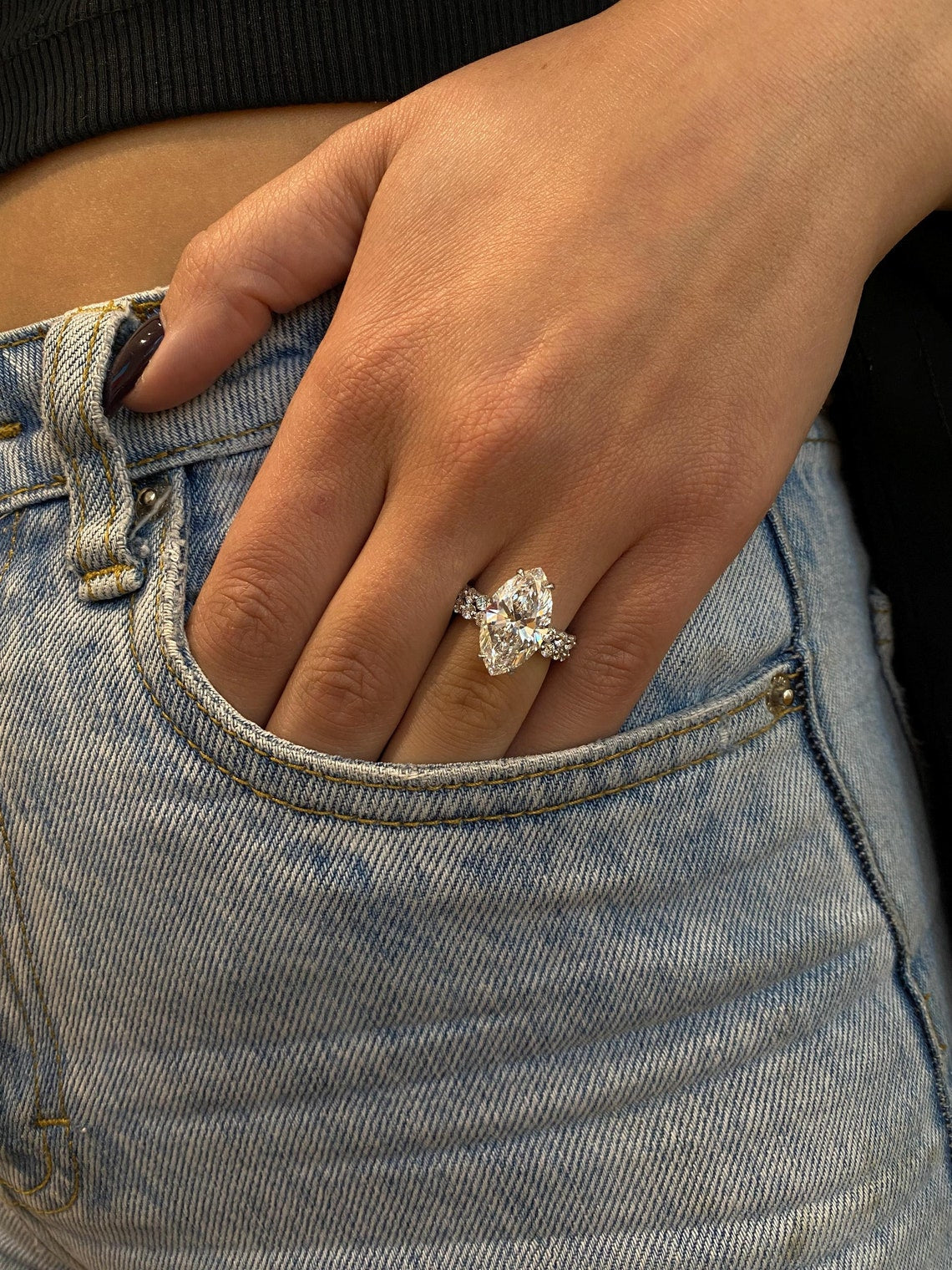 3.0 - 5.0 CT Marquise CVD Diamond Pave Engagement Ring