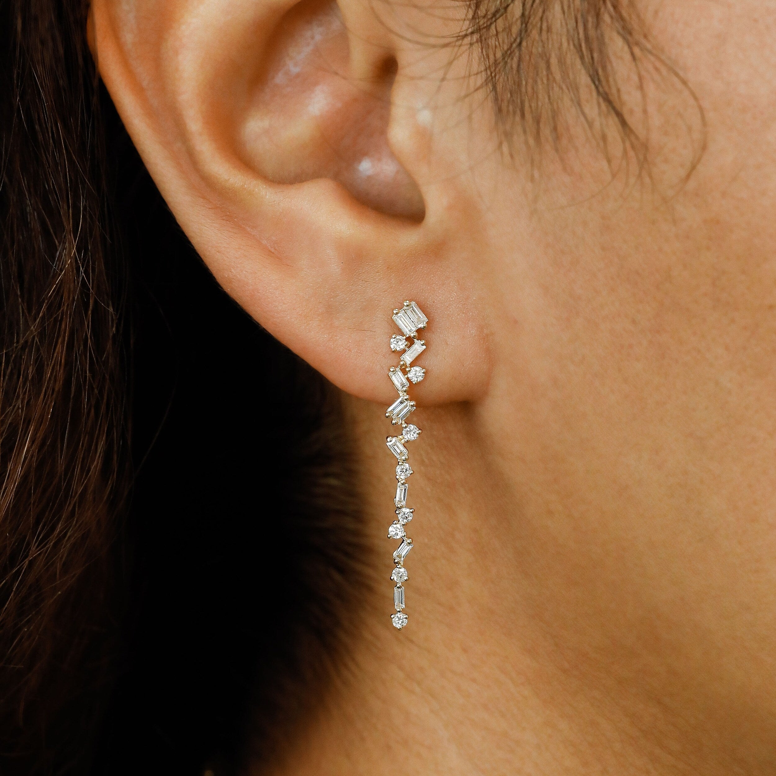0.77 TCW Round & Baguette Moissanite Diamond Dangle Droop Earrings - Camila Brown