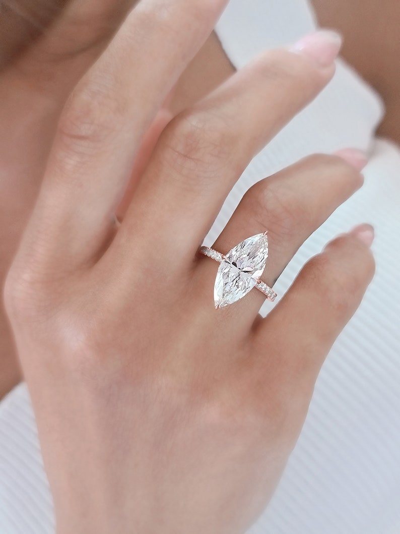 3.0 - 5.0 CT Marquise Lab Grown Diamond Hidden Halo & Pave Engagement Ring