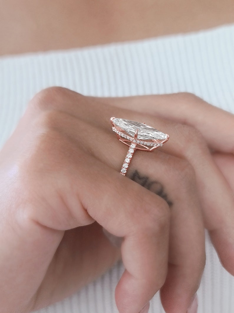 3.0 - 5.0 CT Marquise Lab Grown Diamond Hidden Halo & Pave Engagement Ring