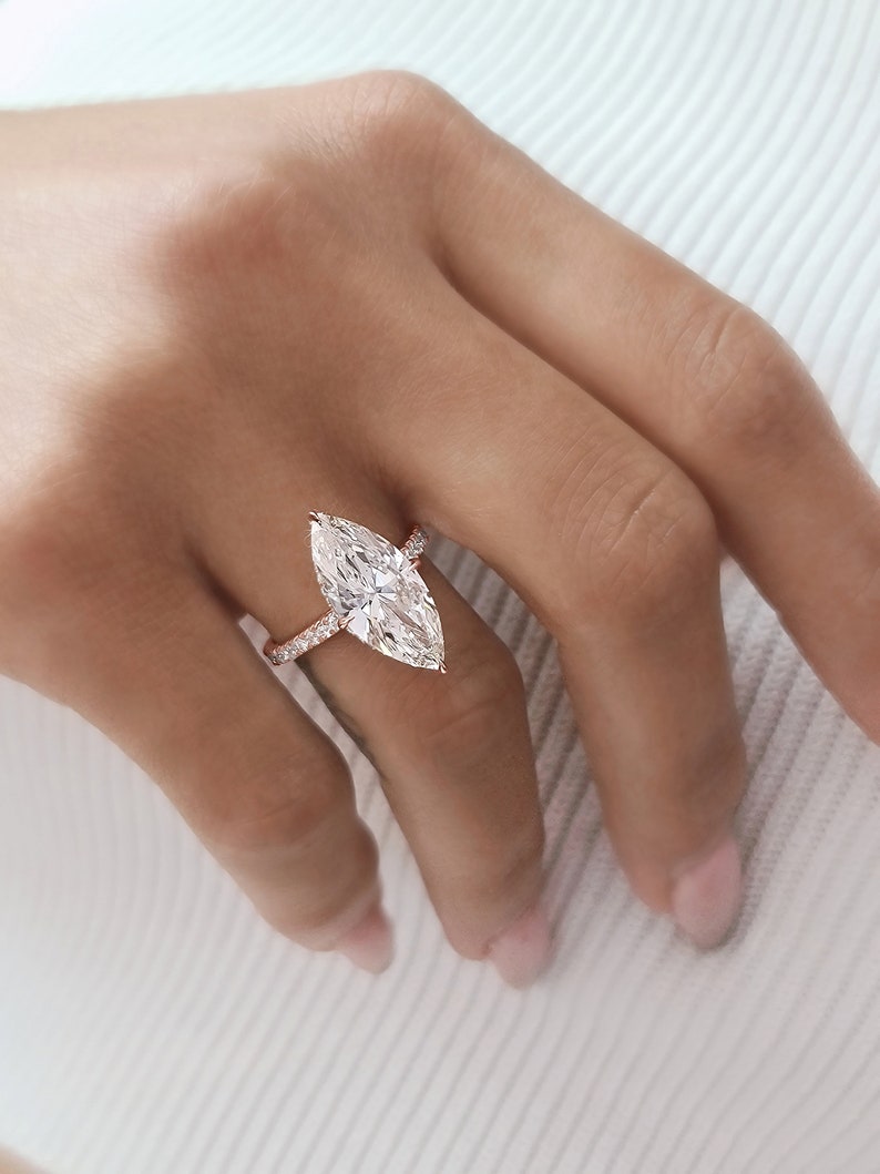 3.0 - 5.0 CT Marquise Lab Grown Diamond Hidden Halo & Pave Engagement Ring