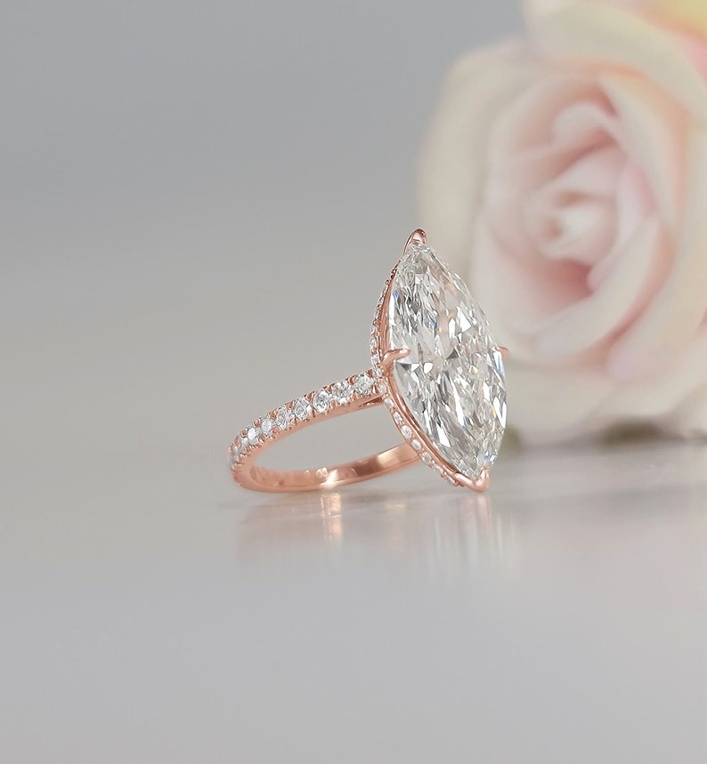 3.0 - 5.0 CT Marquise Lab Grown Diamond Hidden Halo & Pave Engagement Ring