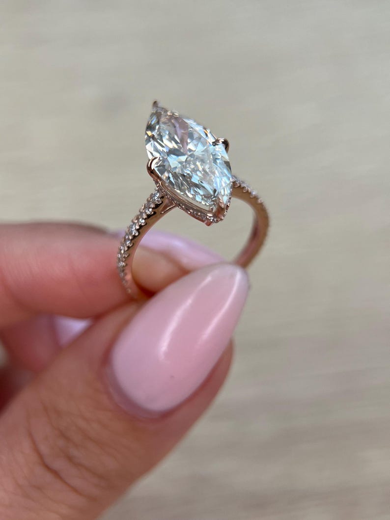 3.0 - 5.0 CT Marquise Lab Grown Diamond Hidden Halo & Pave Engagement Ring