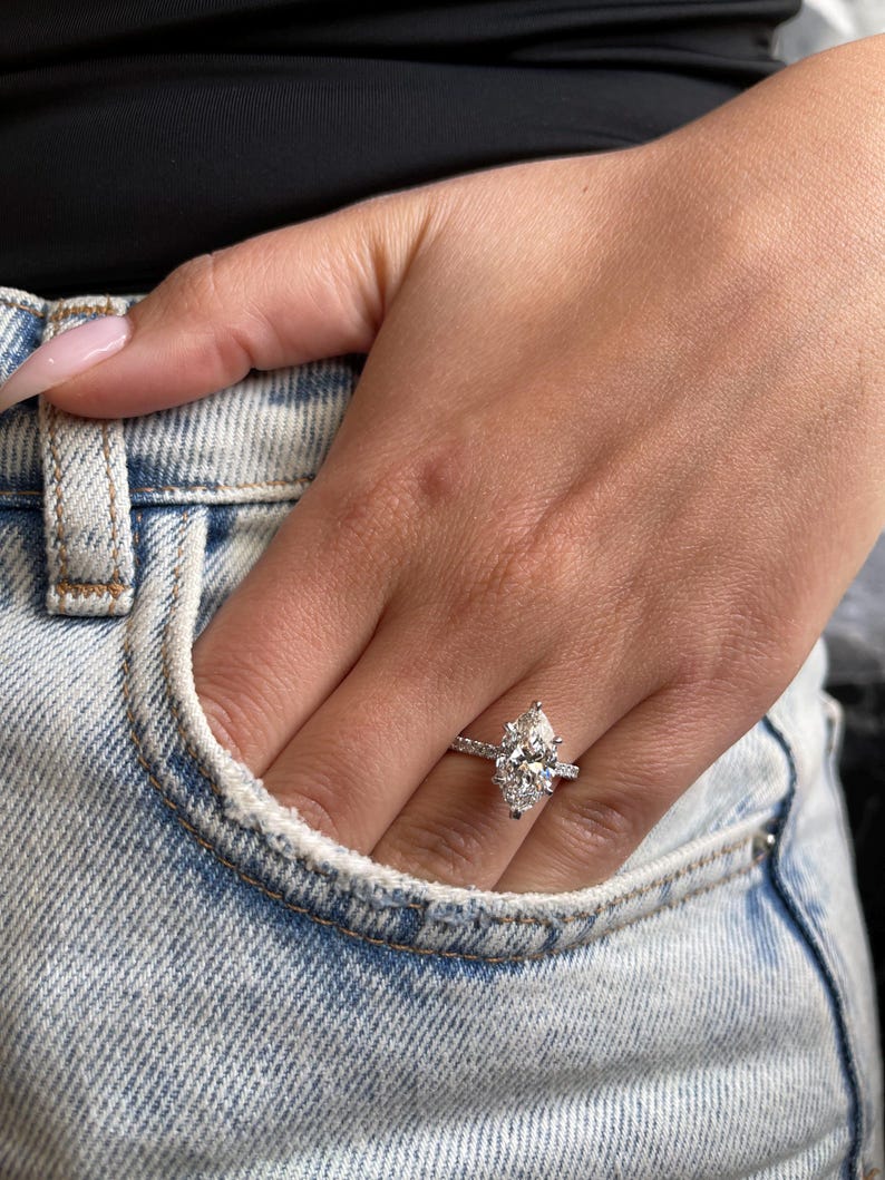 3.0 - 5.0 CT Marquise Lab Grown Diamond Hidden Halo & Pave Engagement Ring