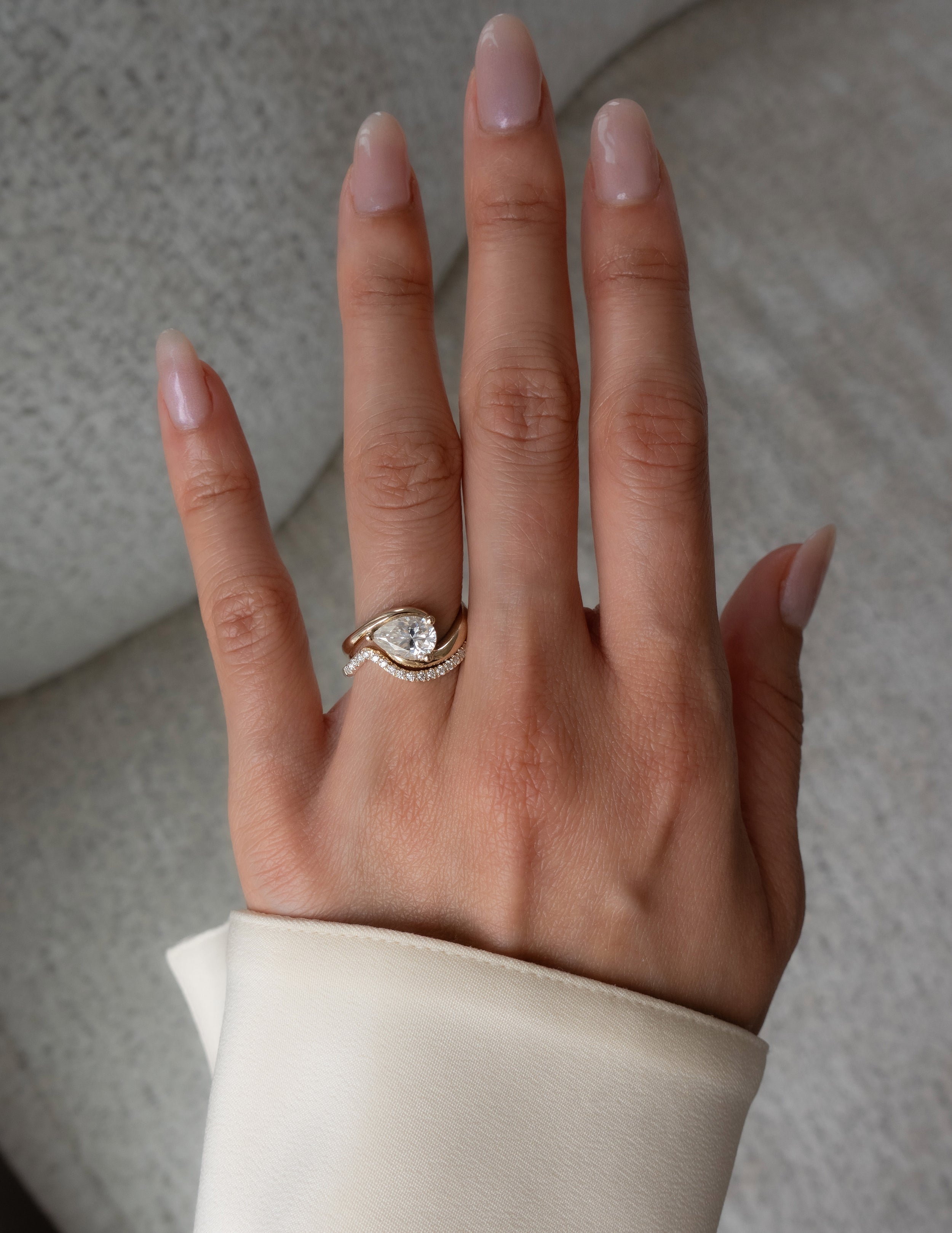 1.0 - 2.0 CT Pear CVD Diamond Solitaire Ring & Pave Stacked Band Bridal Ring Set
