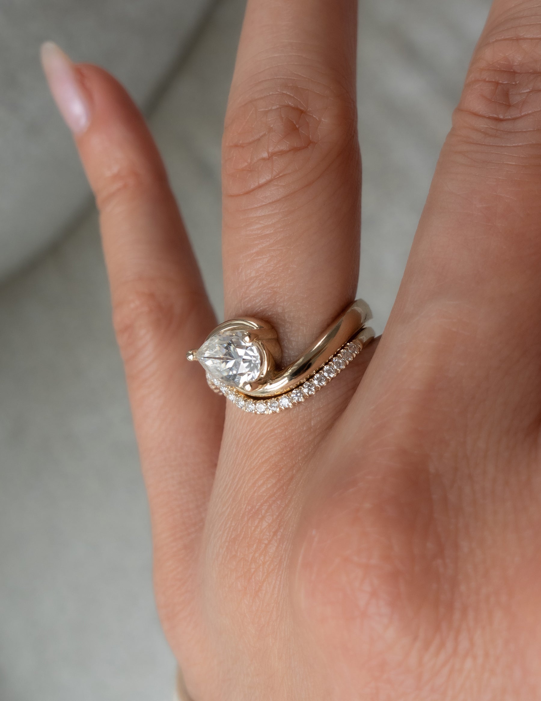 1.0 - 2.0 CT Pear CVD Diamond Solitaire Ring & Pave Stacked Band Bridal Ring Set