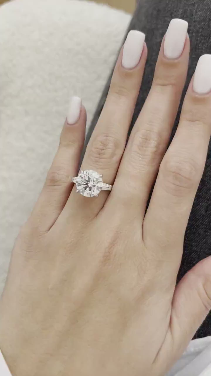 3.0–5.0 CT round cut lab grown CVD diamond engagement ring in classic three stone setting, symbolizing past, present, and future love