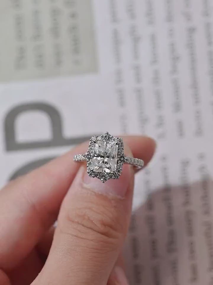 Radiant cut lab grown diamond engagement ring featuring a halo and pave setting with 1.0–3.0 CT center stone in sleek metal band