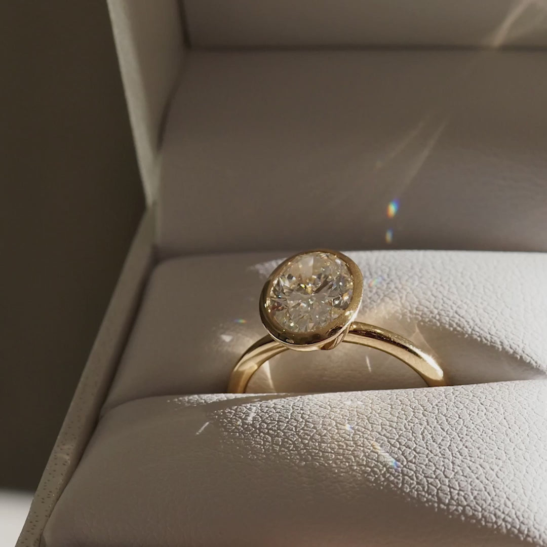 1.5–3.5 CT oval cut lab grown CVD diamond bezel set engagement ring with sleek, modern, and secure setting for daily wear