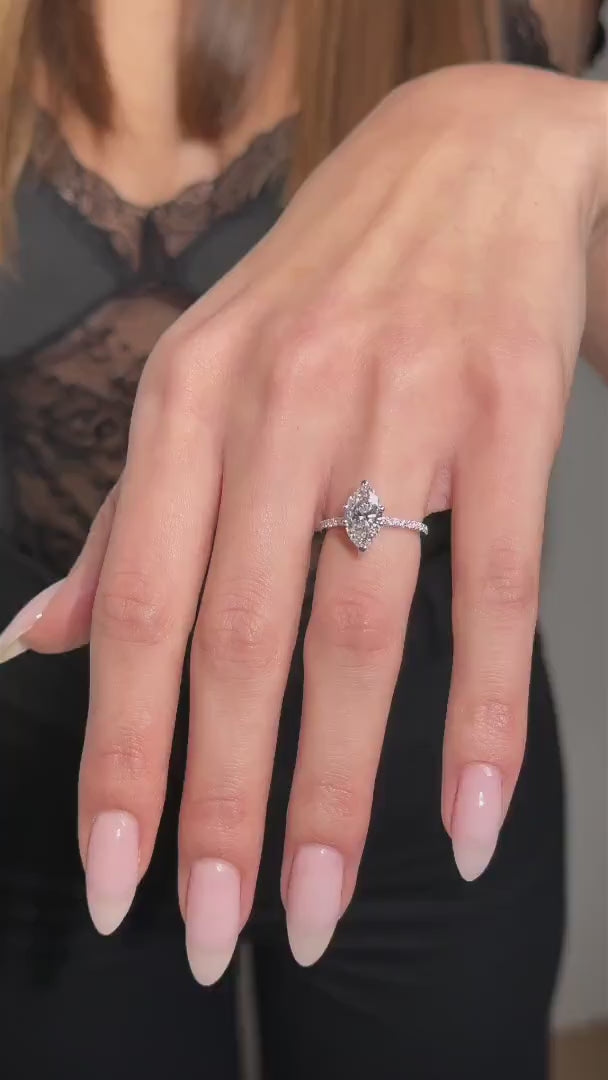 1.50–3.50 CT marquise cut lab grown diamond engagement ring with pave band, highlighting its elongated shape and brilliant sparkle